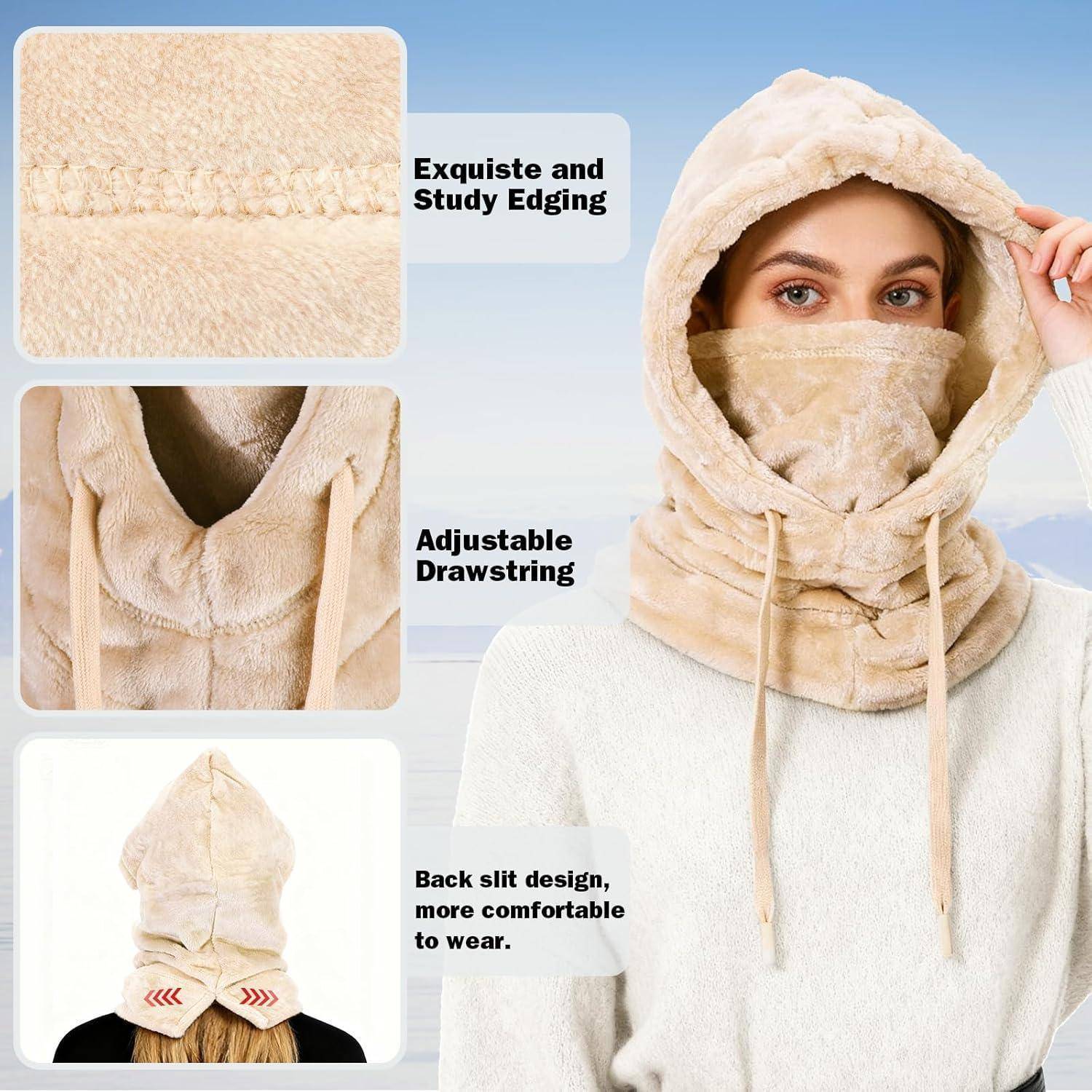 Produktpromo mit einer beigen Kapuzen-Gesichtsbedeckung an einer Frau, mit Nahaufnahmen, die exquisite Kantenbearbeitung, verstellbare Zugschnur und einen hinteren Schlitz für Komfort hervorheben.