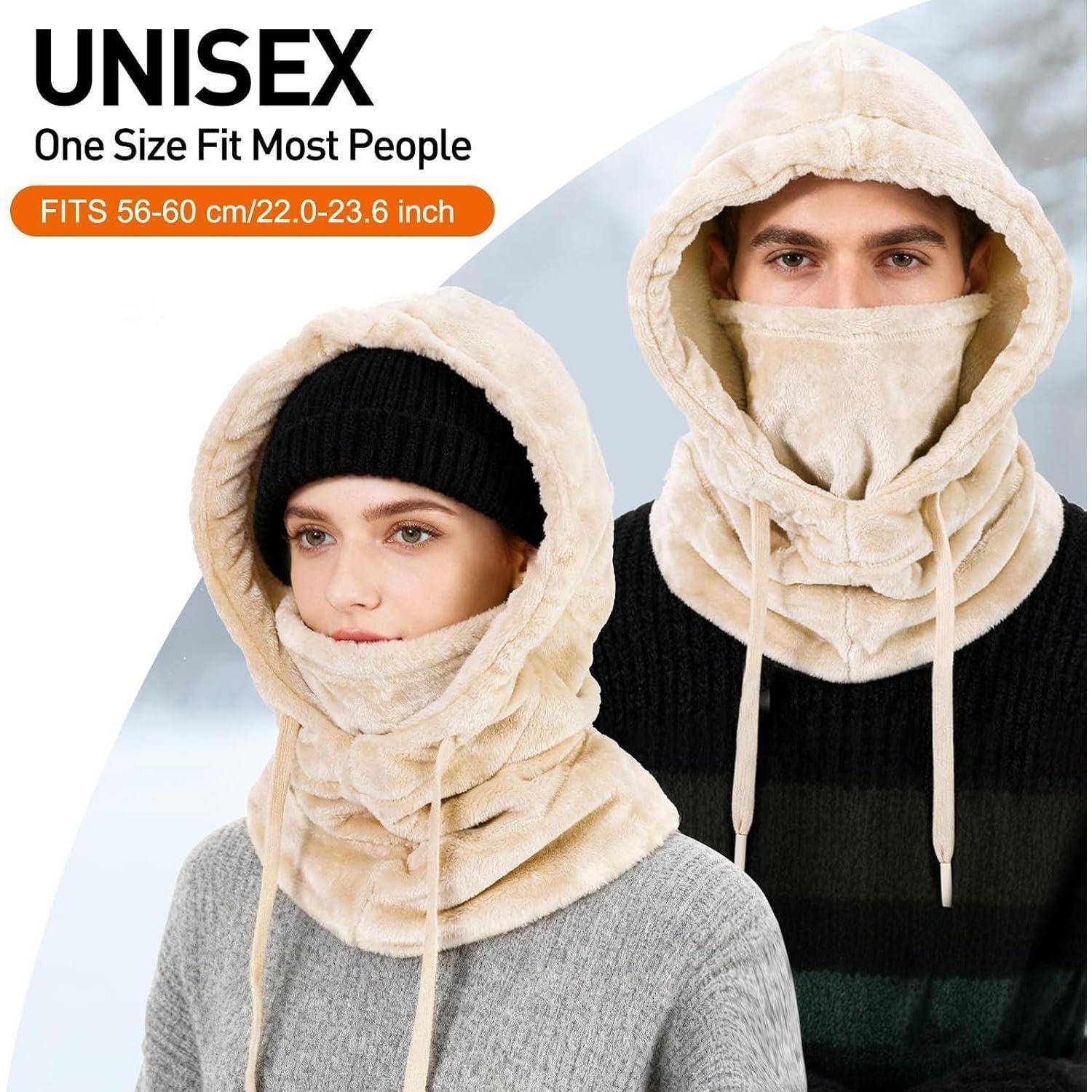 Produktbild von zwei Personen, die eine beige unisex Kapuzen-Gesichtsmaske und einen Nackenerwärmer für den Winter modellieren; der Text sagt „UNISEX