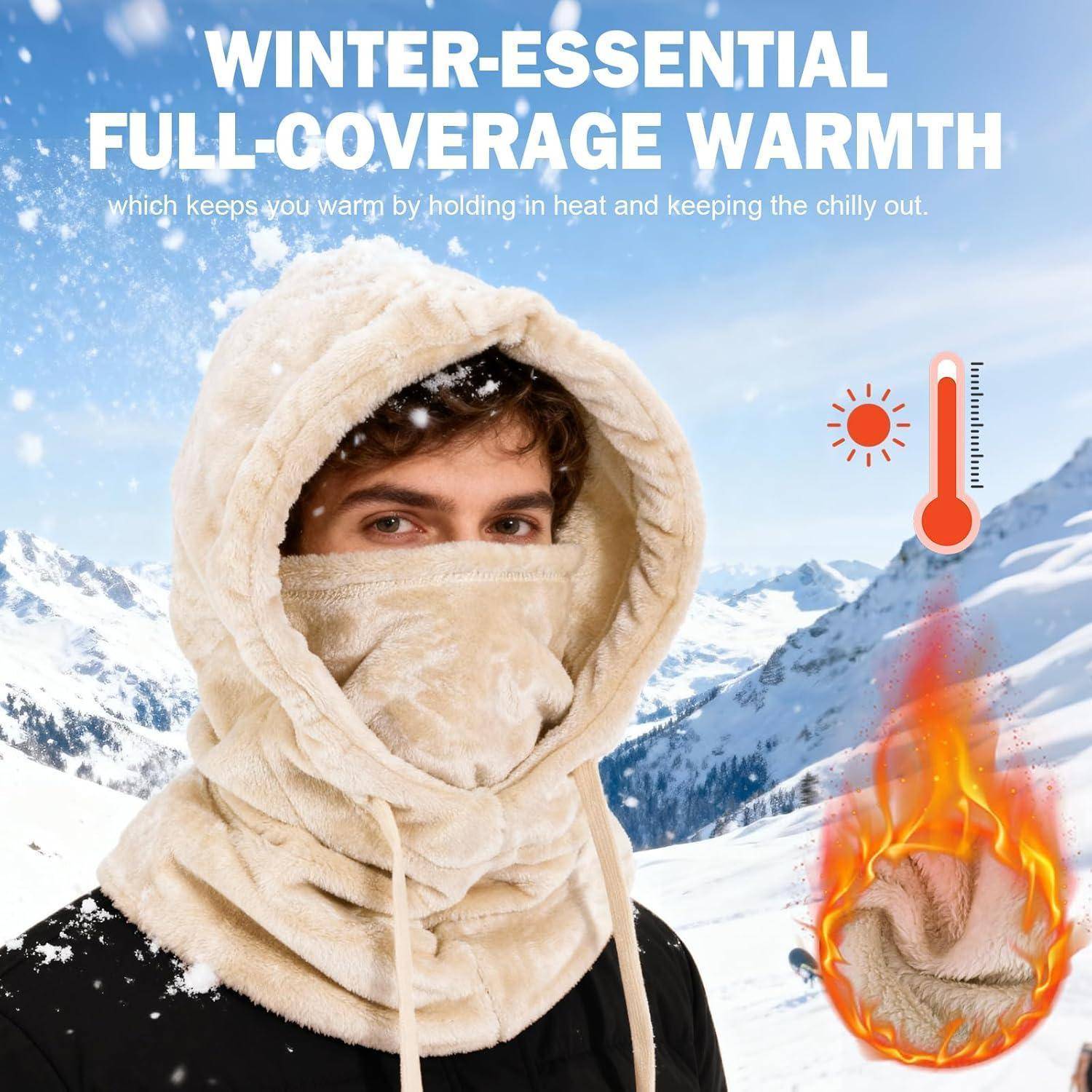 Anzeige für Winter-Schutz-Wärmemütze und Gesichtsumhang, getragen von einem Mann in schneebedeckten Bergen, mit Text „WINTER-ESSENTIAL VOLLSTÄNDIGER WÄRMESCHUTZ
