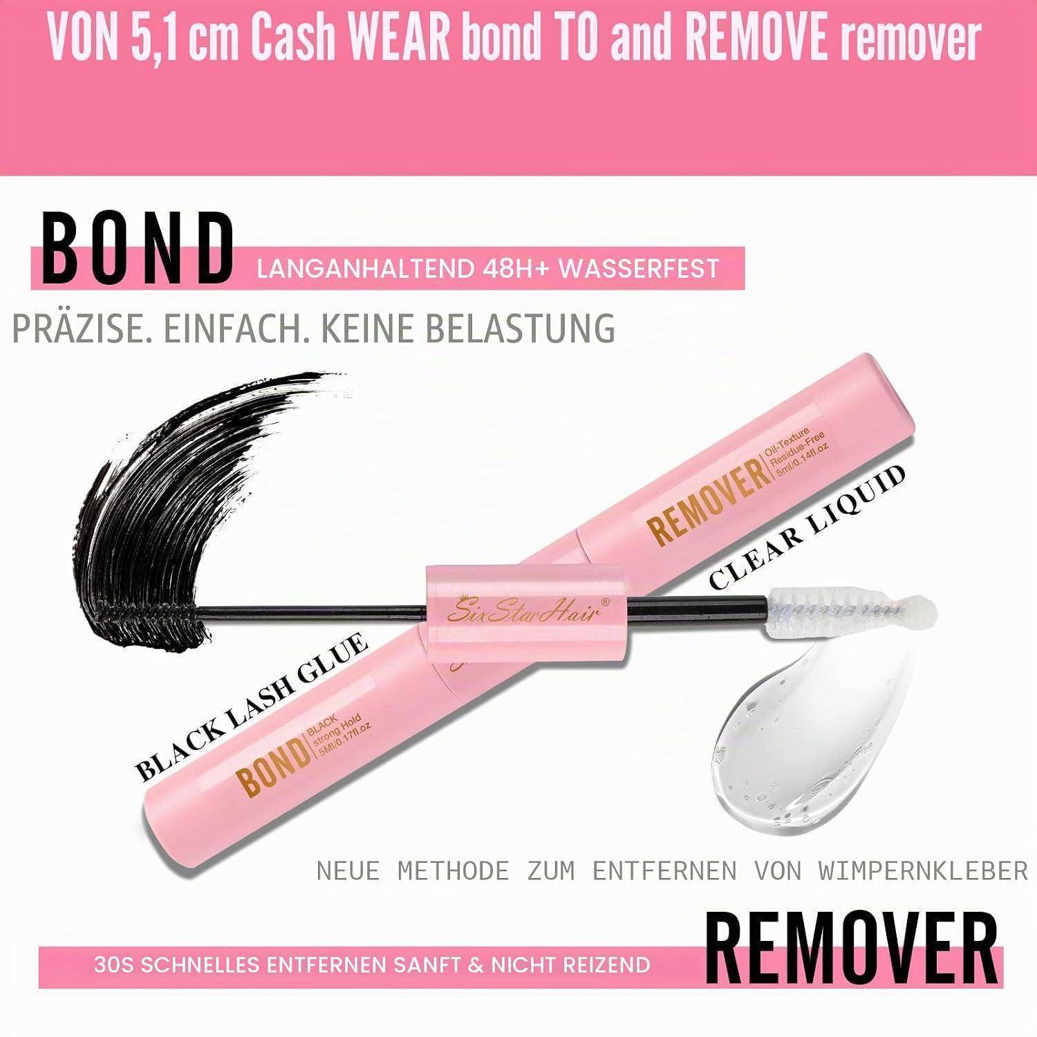 Rosa Anzeige für Lash Bond und Entferner-Produkte, die einen Mascara-Stab, einen schwarzen Wimpern-Klebstoff-Streifen und einen klaren Flüssigkeitstropfen mit deutschem Text über langanhaltende wasserfeste Bindung und schnelle, sanfte Entfernung zeigt.