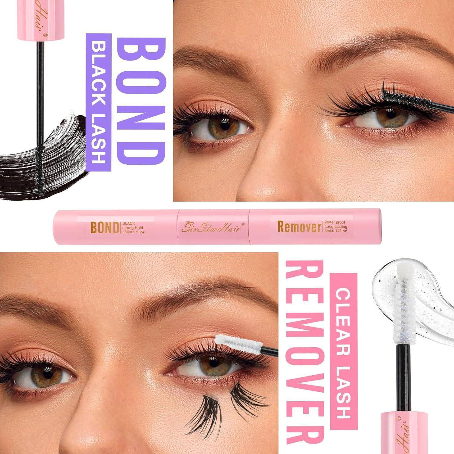 BOND BLACK LASH Mascara und CLEAR LASH REMOVER mit Vorher-und-Nachher-Aufnahmen der Augen in Nahaufnahme und einer rosa Entferner-Tube.