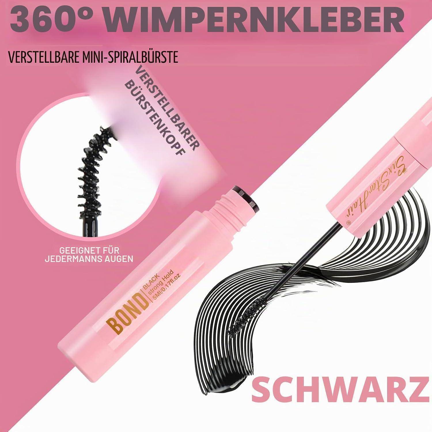 Werbegrafik für eine rosafarbene 360° verstellbare Mini-Spiralwimpernbürste mit geschwungenem schwarzem Bürstenkopf und der Aufschrift „SCHWARZ
