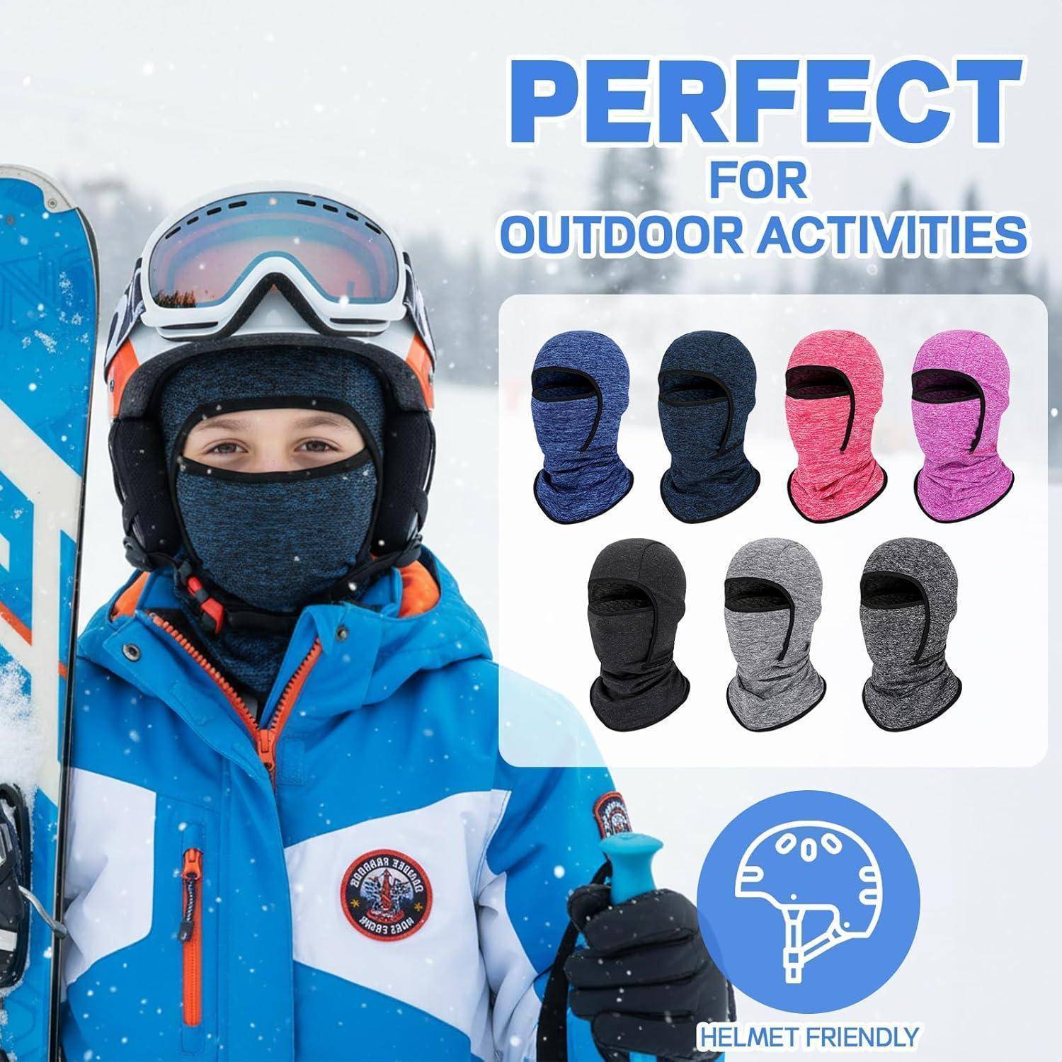 Snowboarder in Winterausrüstung mit Sturmhaube; Einschub zeigt sechs Farboptionen und Text „PERFEKT FÜR OUTDOOR-AKTIVITÄTEN" und „HELMFREUNDLICH"".