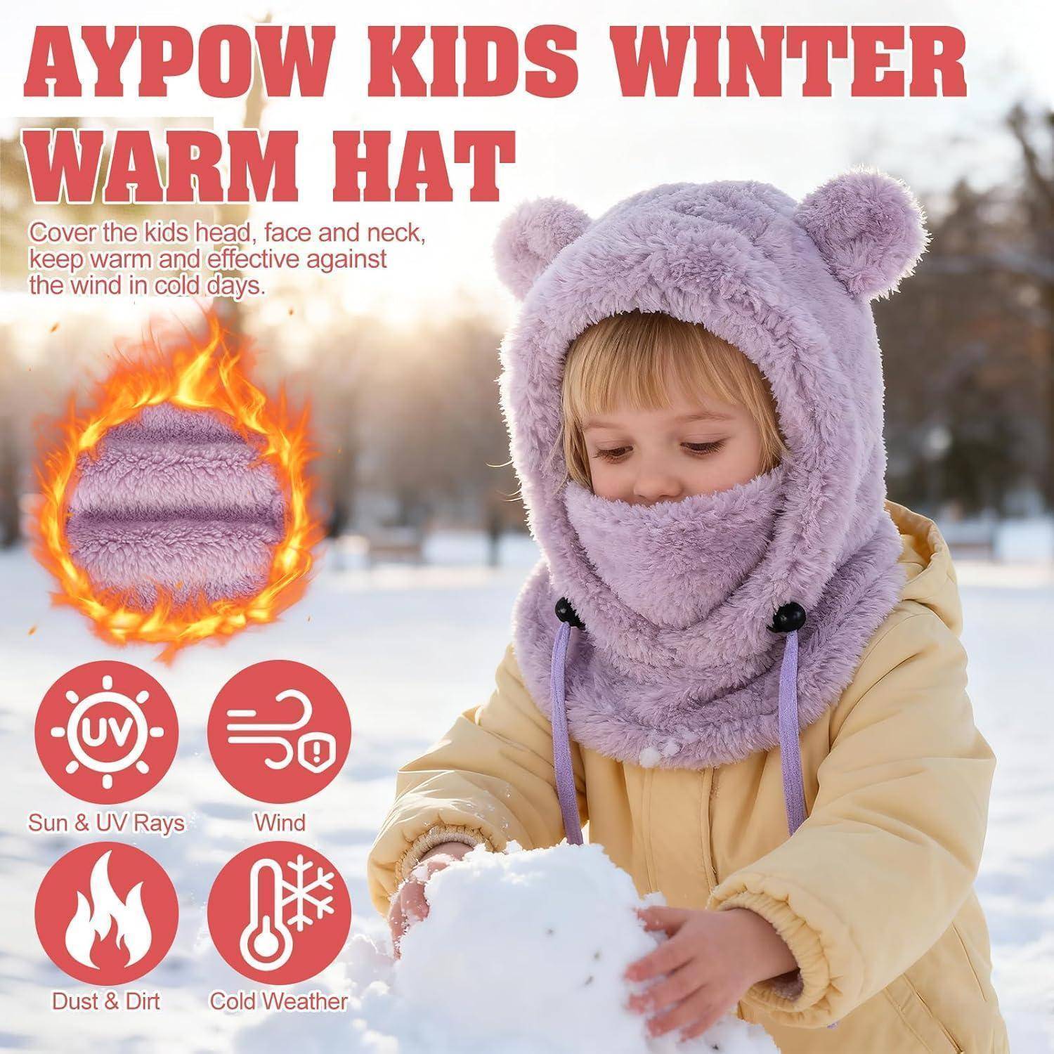 Anzeige für „AYPOW KIDS WINTER WARM HAT" zeigt ein Kind in einer lila Kapuzenmütze mit Gesichtsschutz draußen im Schnee, mit Symbolen für UV-, Wind-, Staub- und Kälteschutz.