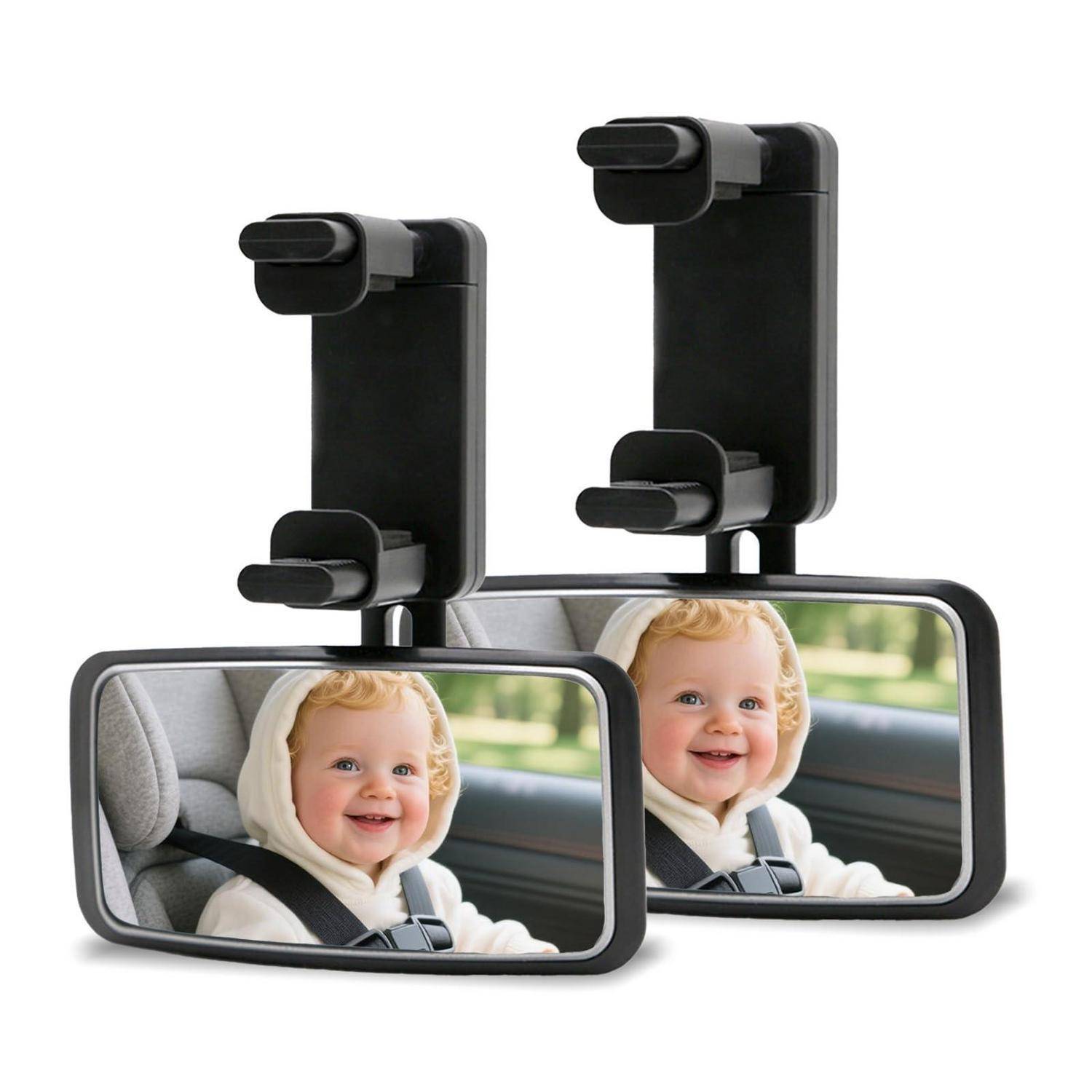 Zwei Rücksitzspiegel für Autobabys mit verstellbaren Kopfstützenclips, die jeweils ein lachendes Kind in einem rückwärts gerichteten Autositz zur Überwachung zeigen.