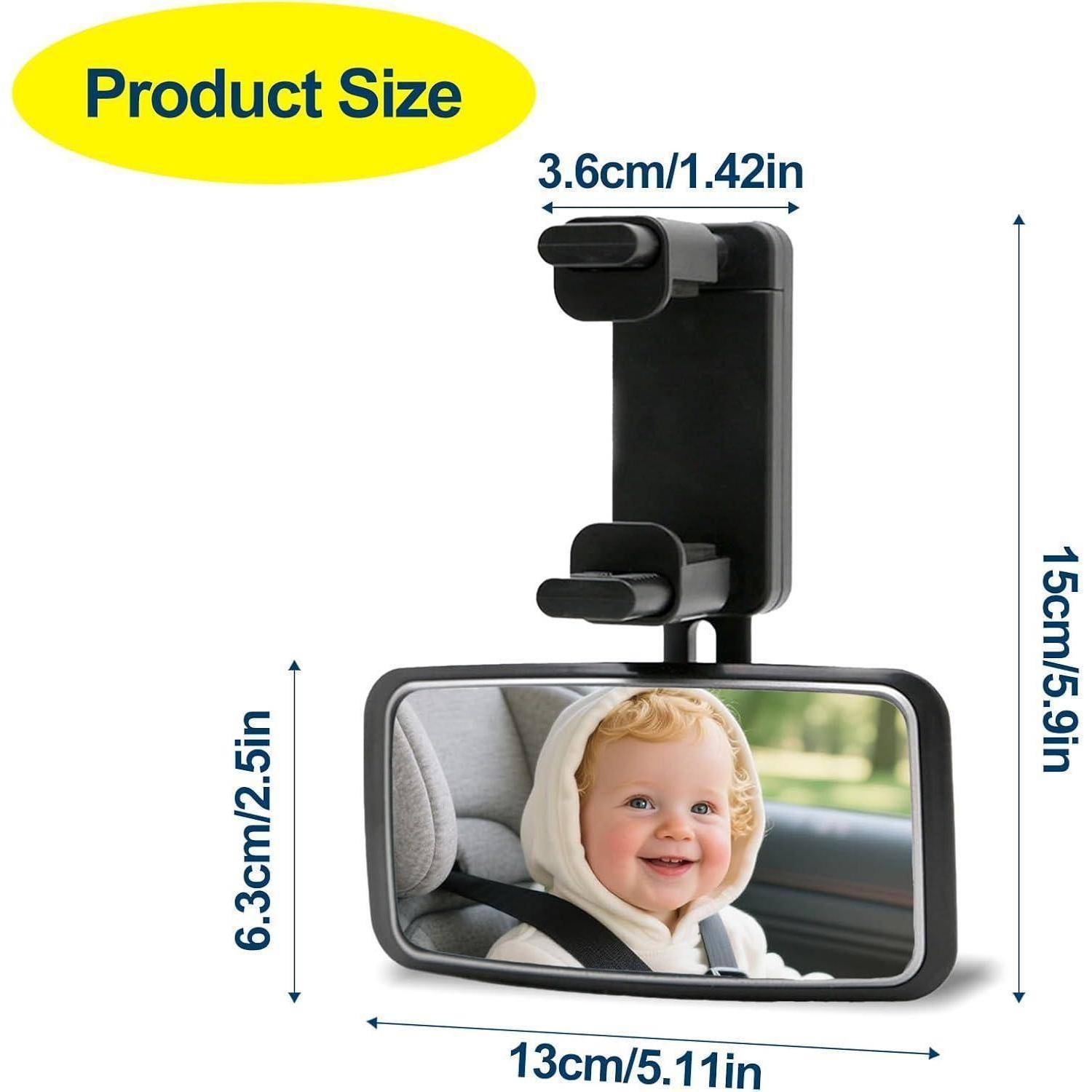 Größendiagramm eines Autositzspiegels: 13 cm breit, 15 cm hoch, 6,3 cm Spiegelhöhe und 3,6 cm Befestigungsbreite, zeigt ein Kind in der Spiegelung.