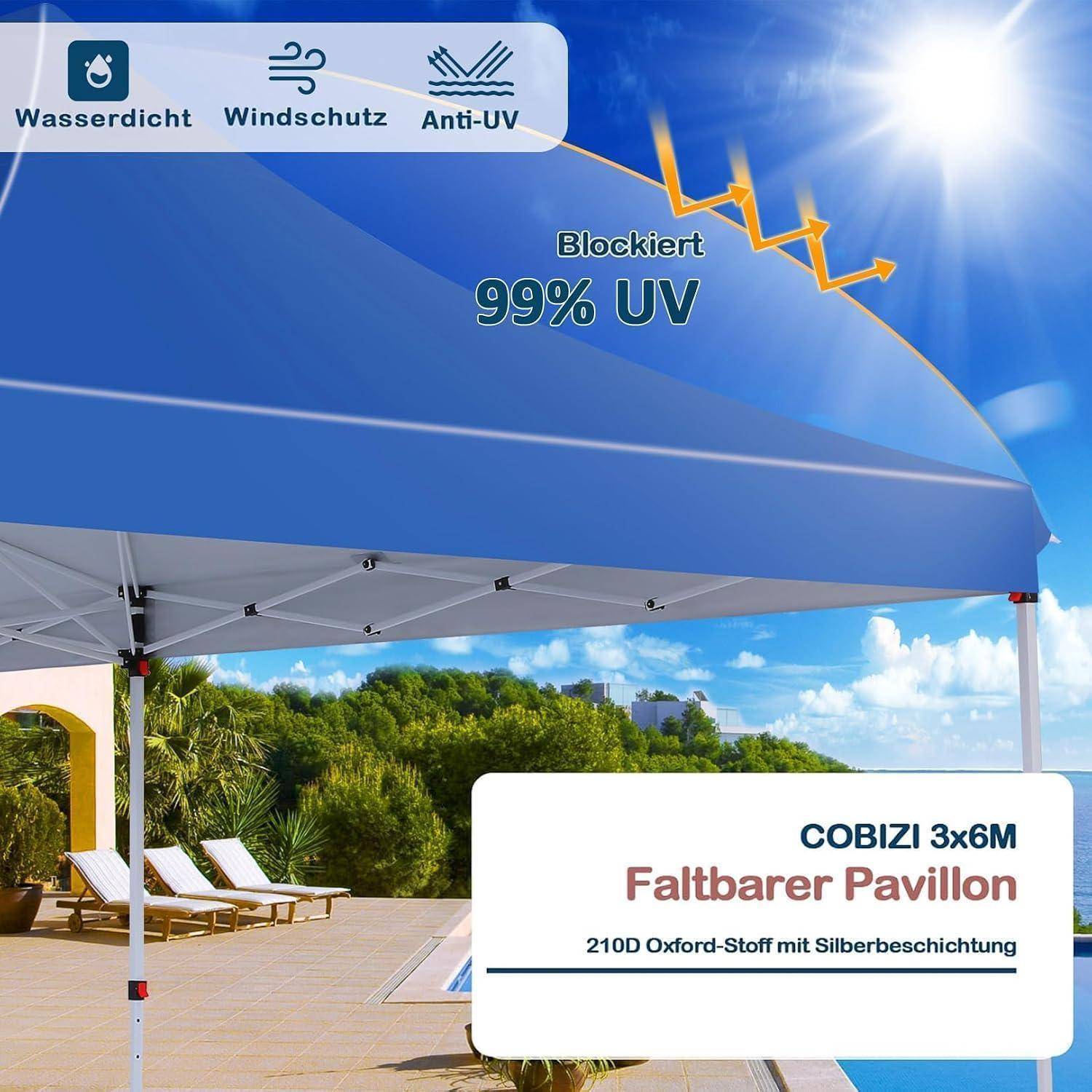 Blau einziehbare Terrassenmarkise blockiert 99% UV; Etiketten zeigen wasserdicht, winddicht, UV-Schutz und 'CobiZI 3x6M Faltbarer Pavillon' mit silberbeschichteten Oxford-Stoff.