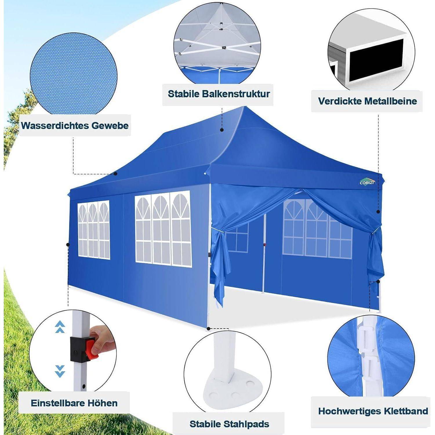 Blaues Pop-up-Gartenzelt mit Beschriftungen für wasserdichtes Gewebe, stabiles Gestell, verstärkte Metallbeine, verstellbare Höhe, Stahlauflagen und Klettverschluss.