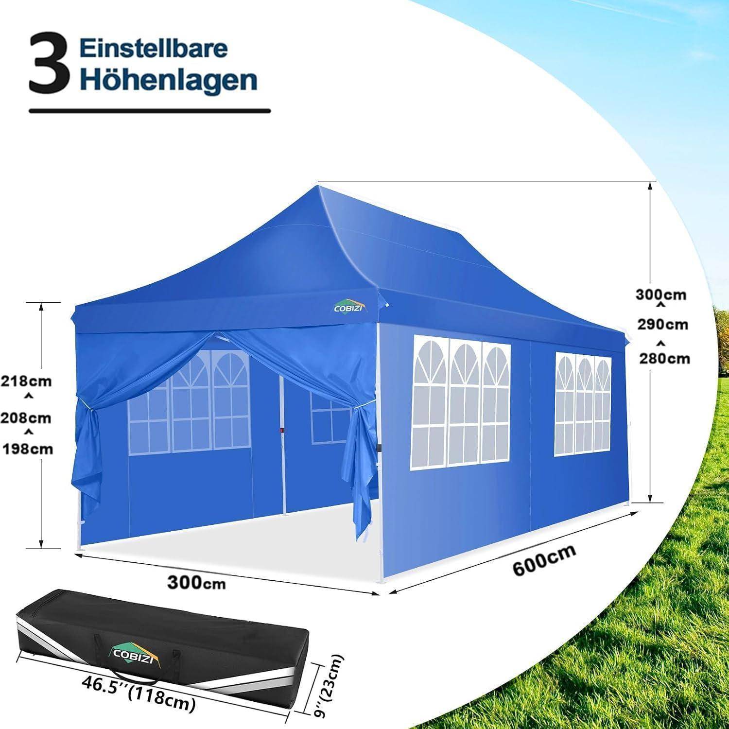 Blaues Pop-Up-Pavillon-Zelt mit Seitenwänden und Fenstern, mit der Bezeichnung „3 Einstellbare Höhenlagen", zeigt verstellbare Höhen und Abmessungen von 300 cm mal 600 cm, plus Aufbewahrungstasche.