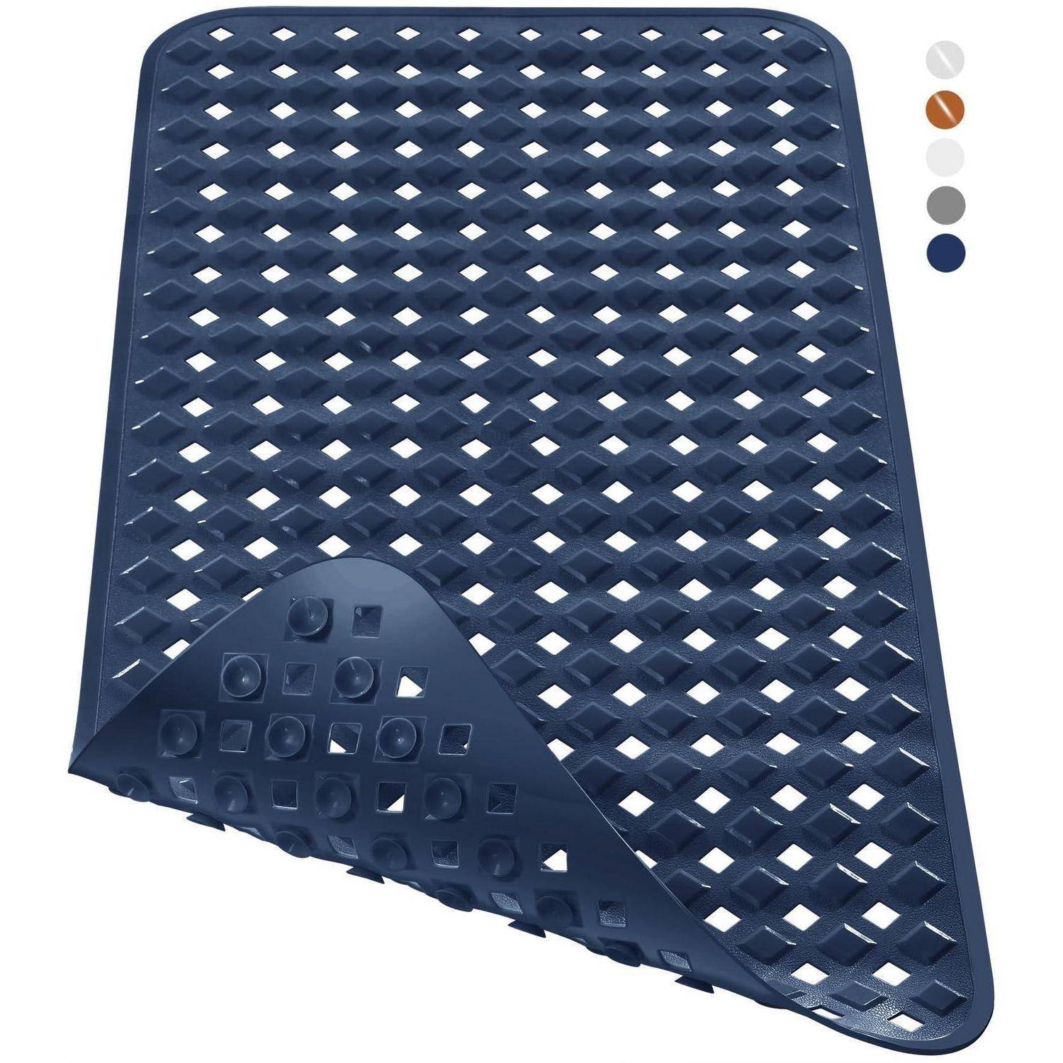 Blaue perforierte rutschfeste Matte mit erhobener Ecke, gezeigt mit Farboptionen.