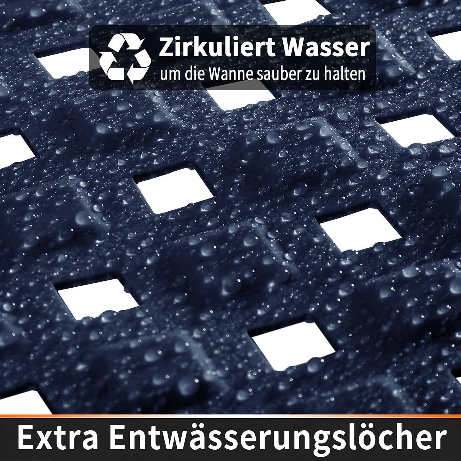 Nahaufnahme einer nassen schwarzen Badematte mit weißen Entwässerungslöchern; der Text besagt „Zirkuliert Wasser um die Wanne sauber zu halten