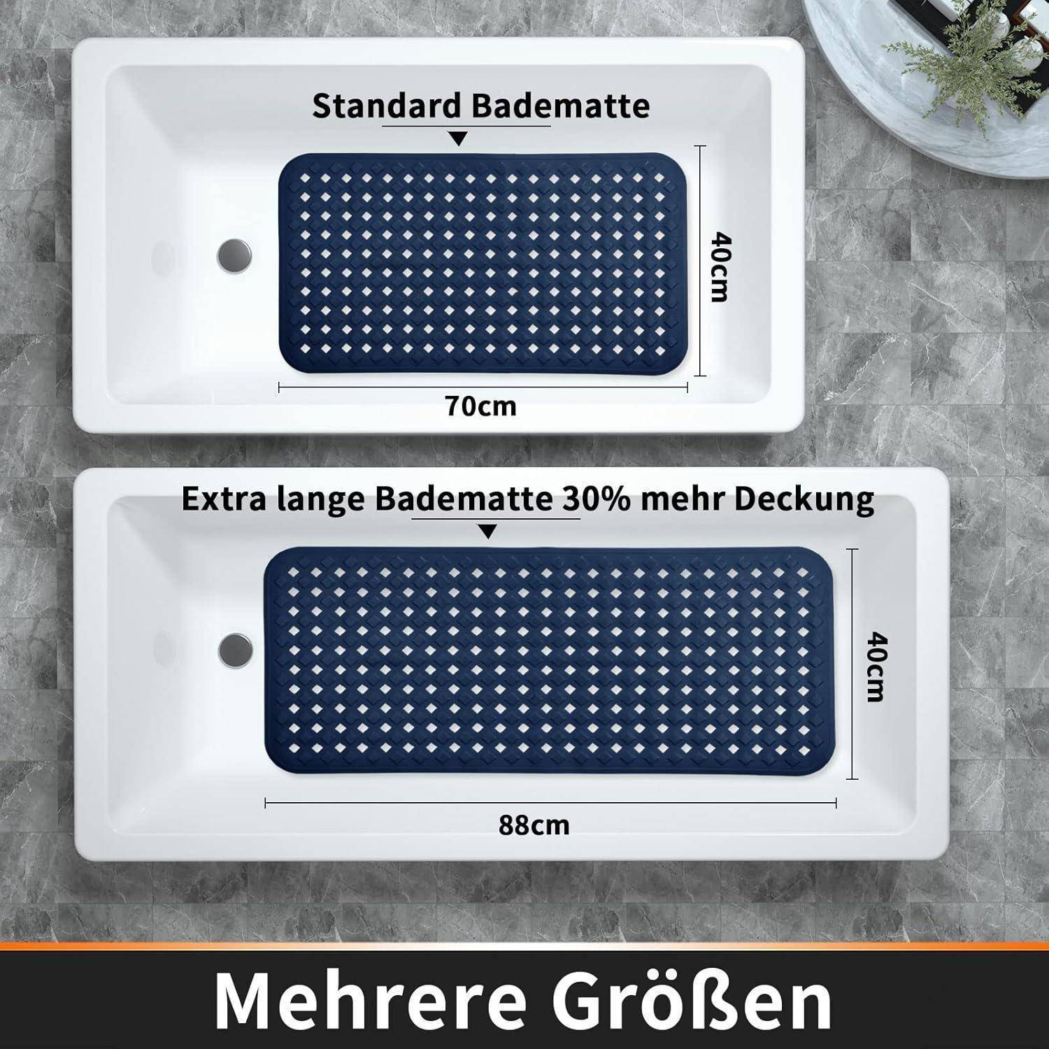 Vergleichsgrafik mit Standard- und übergroßen Badematten in einem Waschbecken. Standard-Matte: 70 cm x 40 cm; Extra-lange Matte: 88 cm x 40 cm, mit „30% mehr Deckung