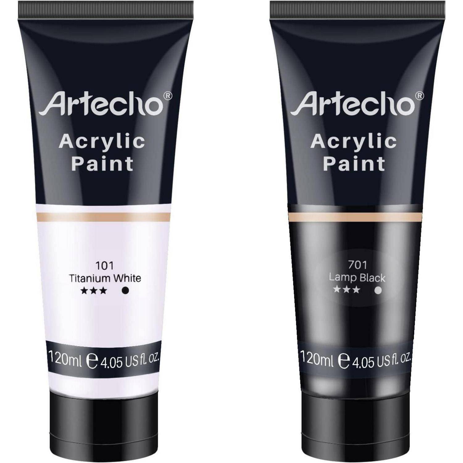 Zwei Artecho-Acrylfarbtüben: 101 Titaniumweiß und 701 Lampenschwarz, je 120 ml.