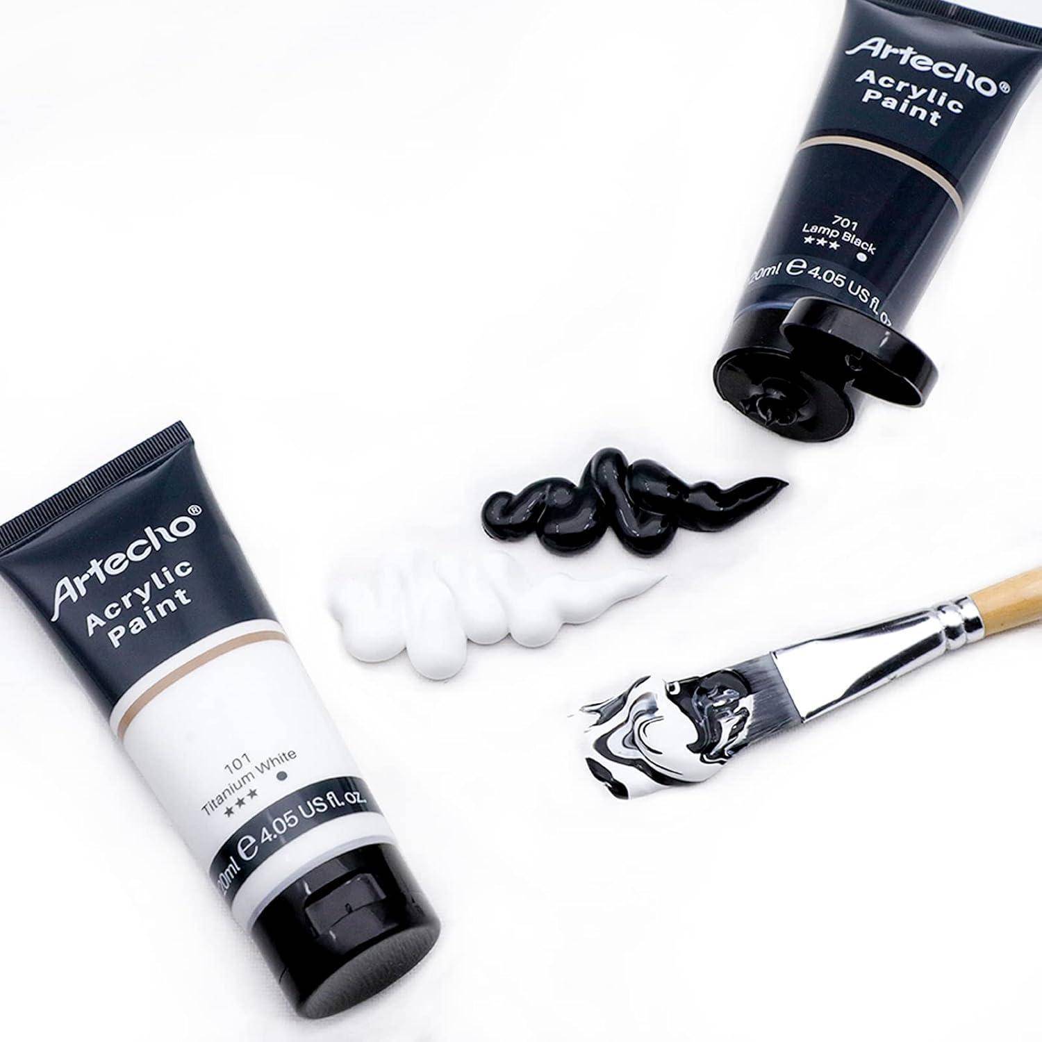 Zwei Arttecho-Acrylfarbtüben, schwarz und weiß, mit herausgedrückter Farbe und einem Pinsel, der gemischte schwarz-weiße Farbe auf weißem Hintergrund zeigt.