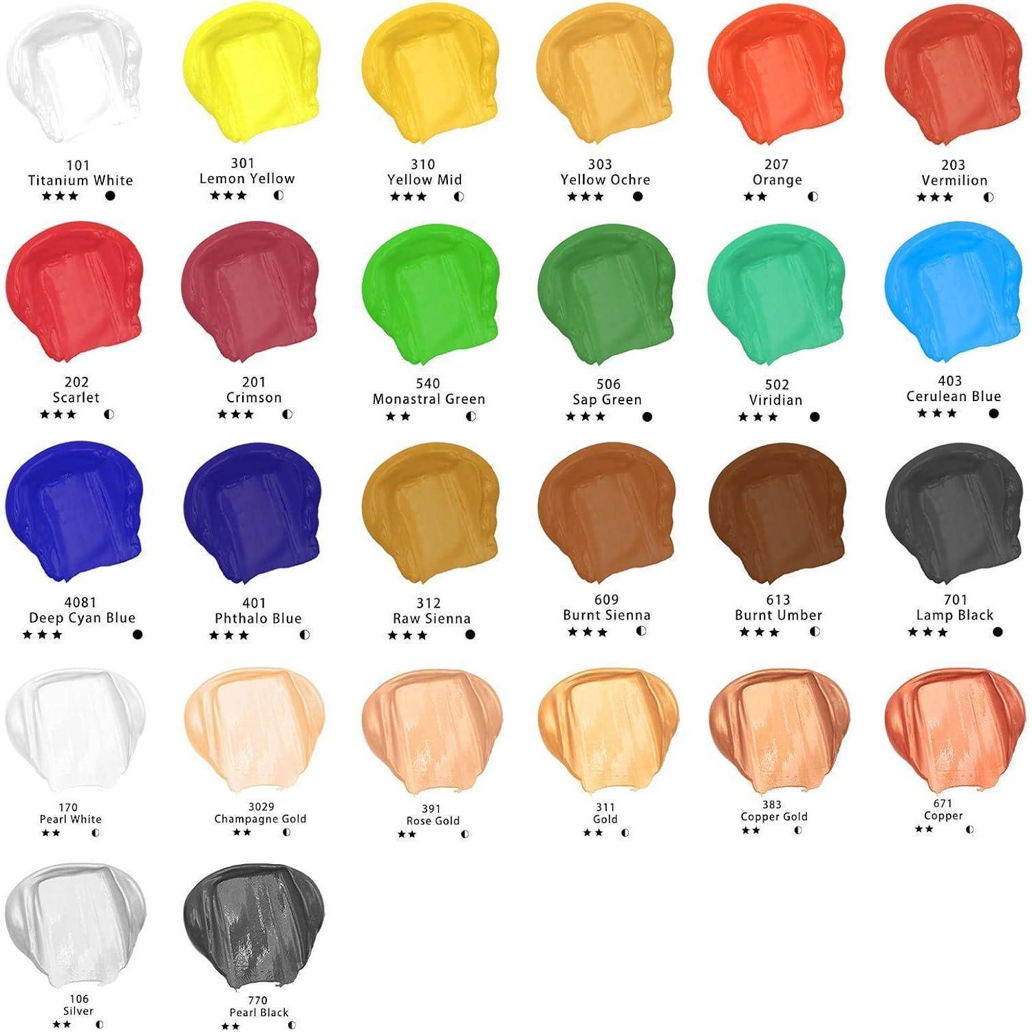 Farbmusterkarte mit Anstrichfarben, beschriftet mit Namen und Nummern, einschließlich Weiß-, Gelb-, Rot-, Grün-, Blau-, Braun-, Metallic-, Silber- und Schwarztönen.