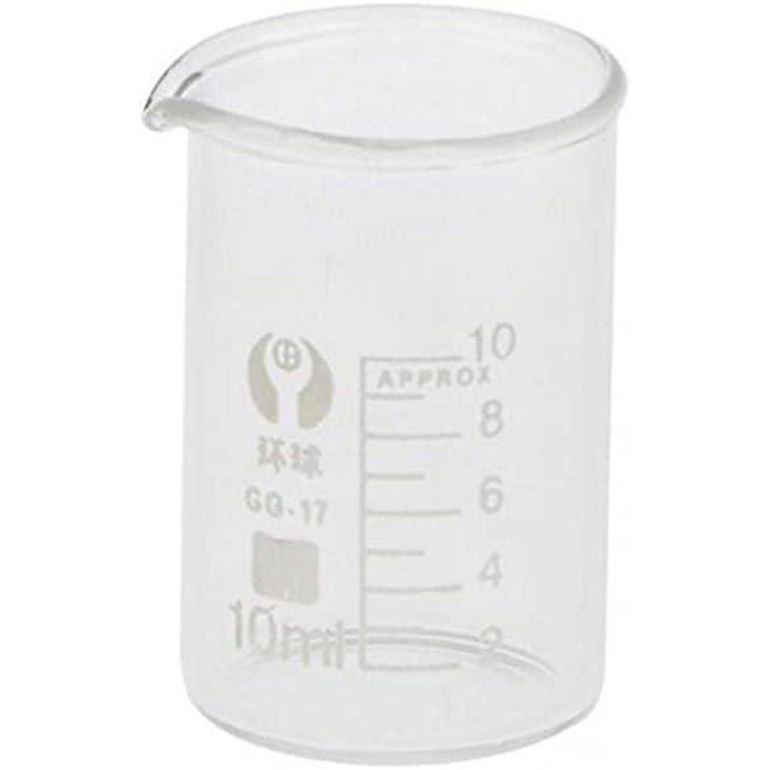 Ein klares 10 ml Laborbecherglas mit Ausguss und Graduierungsmarkierungen.
