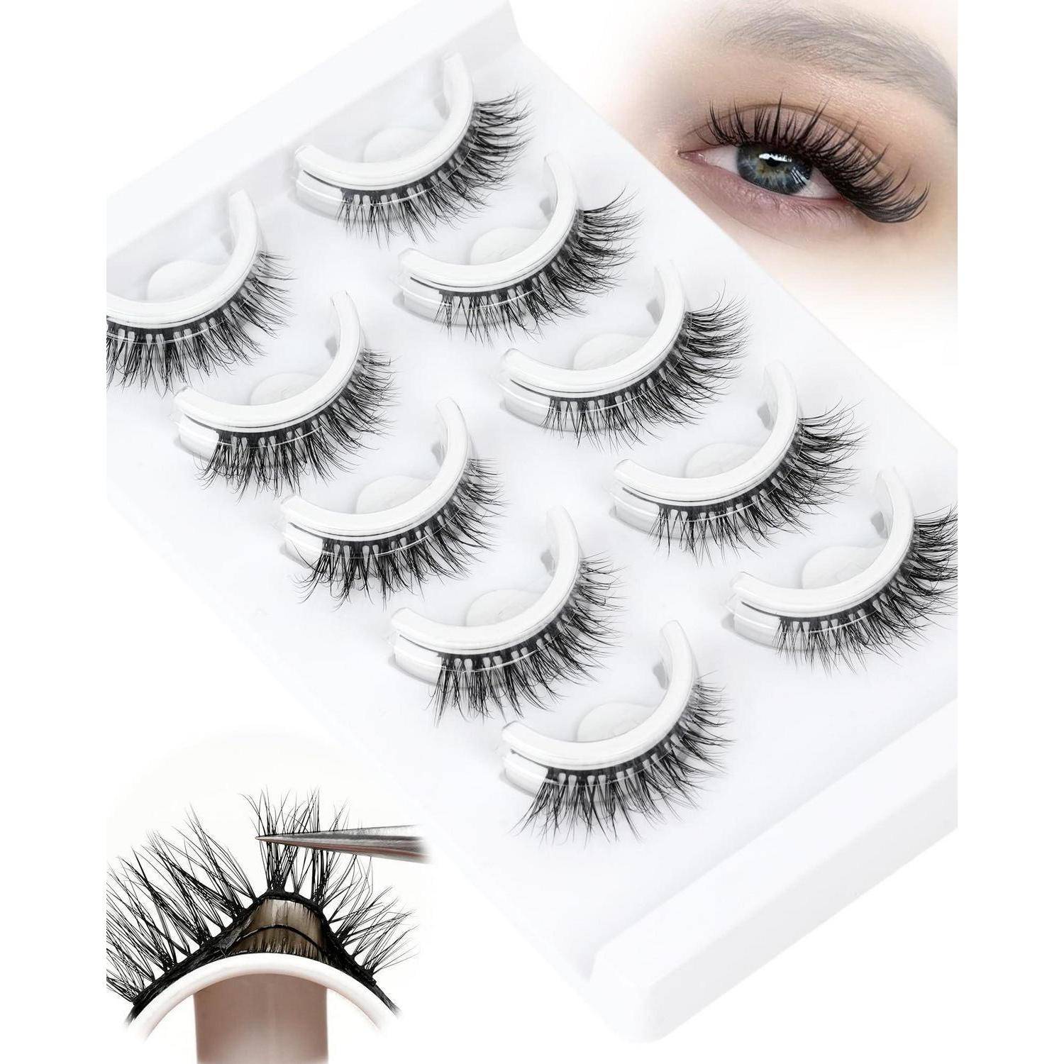 Satz von falschen Wimpern in einem weißen Display-Tablett mit Nahaufnahmen, die zeigen, wie ein Model lange Wimpern trägt und ein Werkzeug eine Wimpernreihe anbringt.