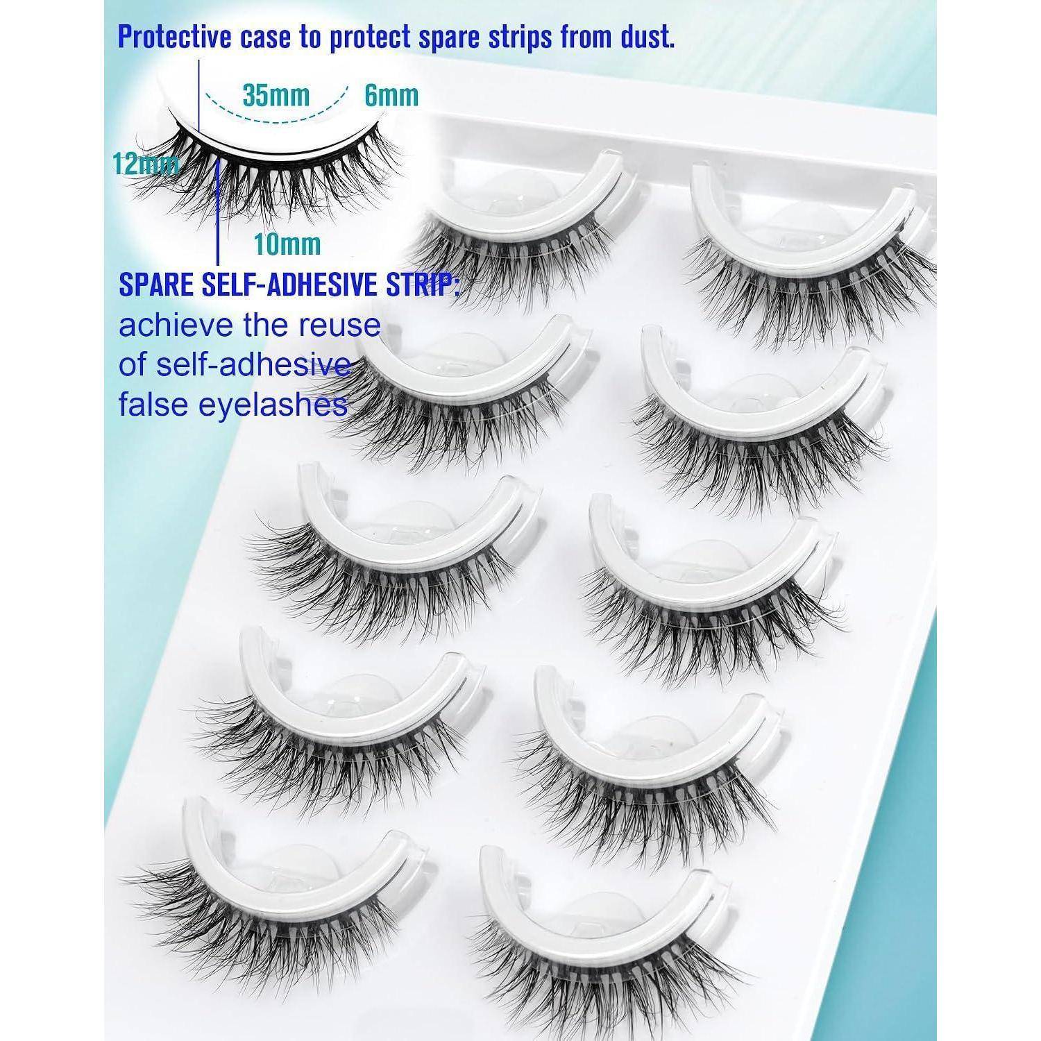 Produktbild von wiederverwendbaren künstlichen Wimpern in einem Schutzgehäuse, beschriftet mit den Größen 35mm, 12mm, 10mm und „ERSATZ-SELBSTKLEBENDES STREIFEN
