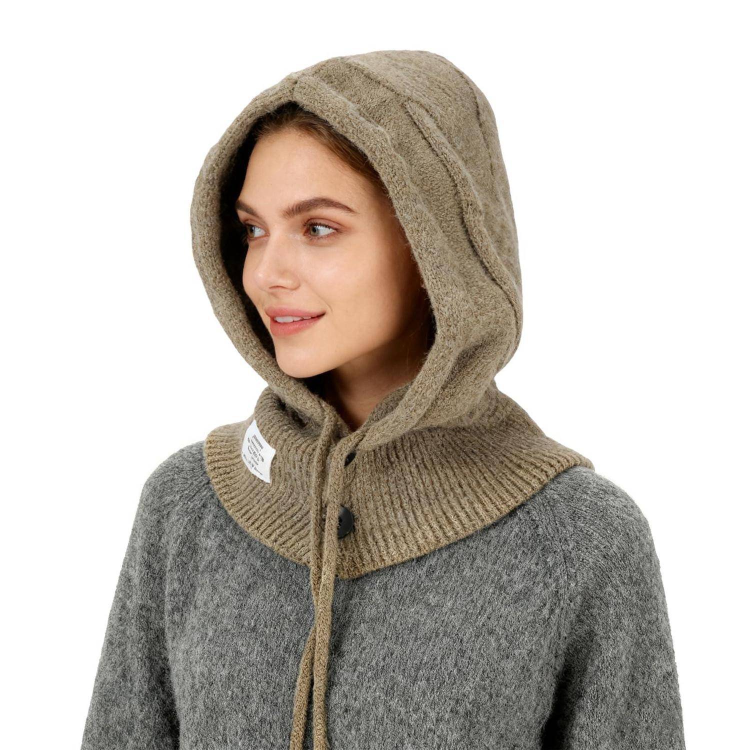 Damen Winter Thermo Slouch Strickmütze und Schal, 2 in 1 Einstellbar Warm Winddichte Kapuzenschal Sturmhaube und Nackenwärmer,Weiches Elastisch Bean