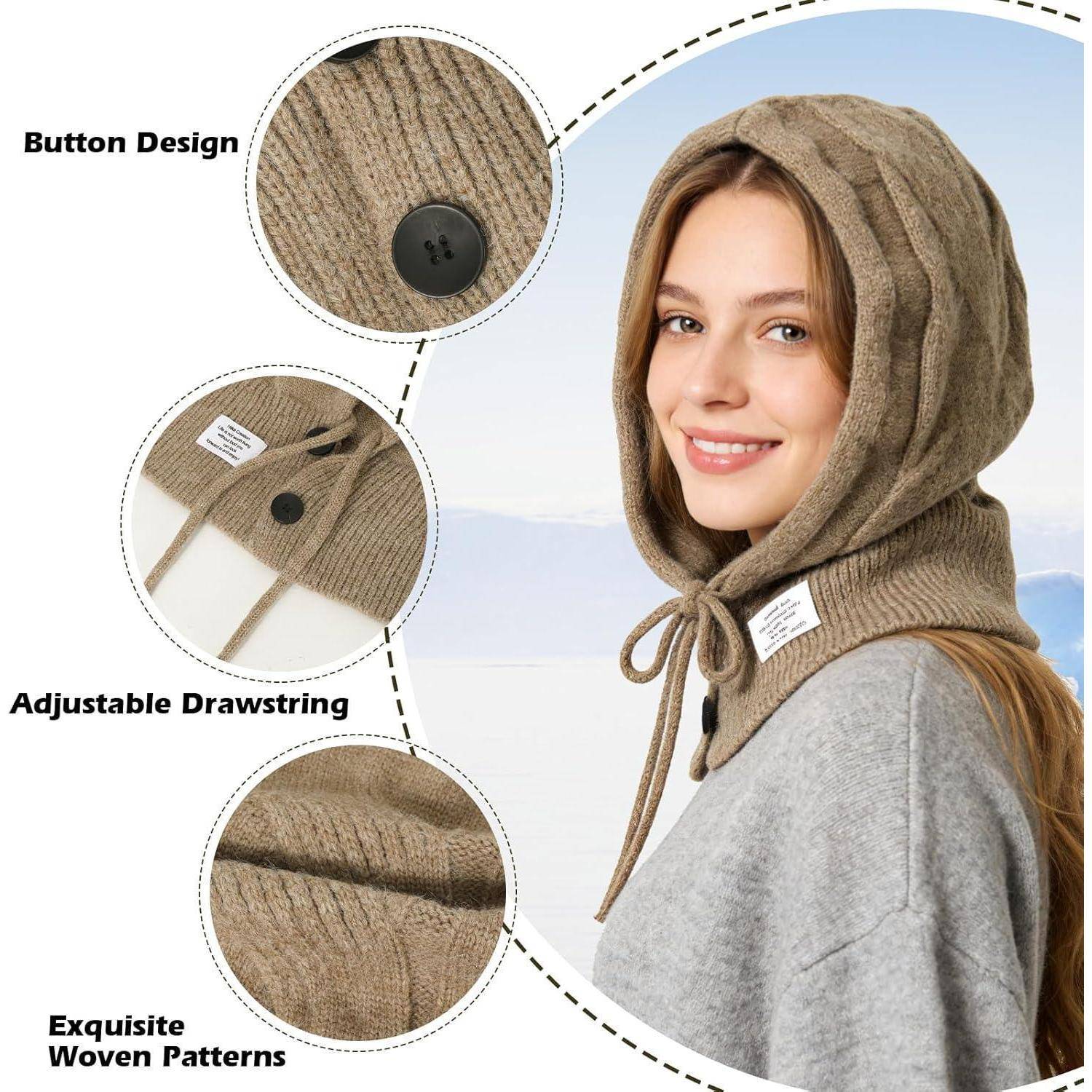 Frau mit gestricktem Kapuzenschal mit Knöpfen und verstellbarer Zugschnur, gezeigt mit Nahaufnahmen, die das Knopfdesign, die Zugschnur und die Webtextur hervorheben.