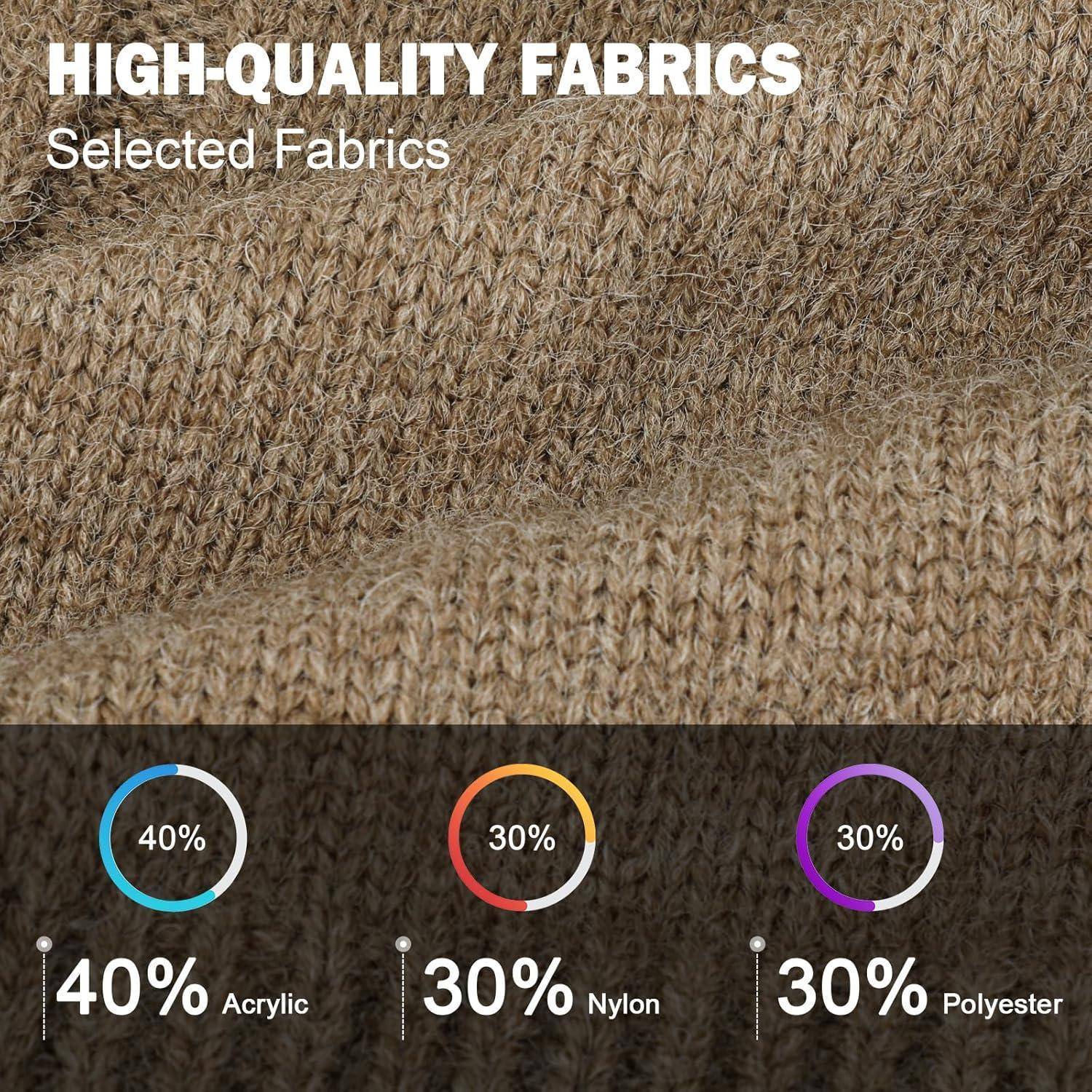 Stoffzusammensetzung-Grafik für „Hochwertige Stoffe": 40% Acryl, 30% Nylon, 30% Polyester, dargestellt über einem Strickstoffe-Hintergrund.