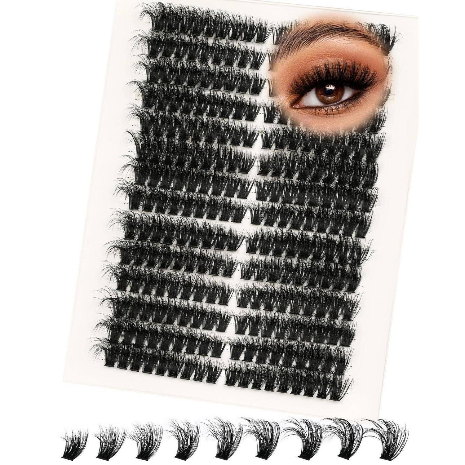 Tablett mit Wimpernstreifen und Nahaufnahme eines Auges in der Ecke, die verschiedene Wimpernstile und -längen zeigt.