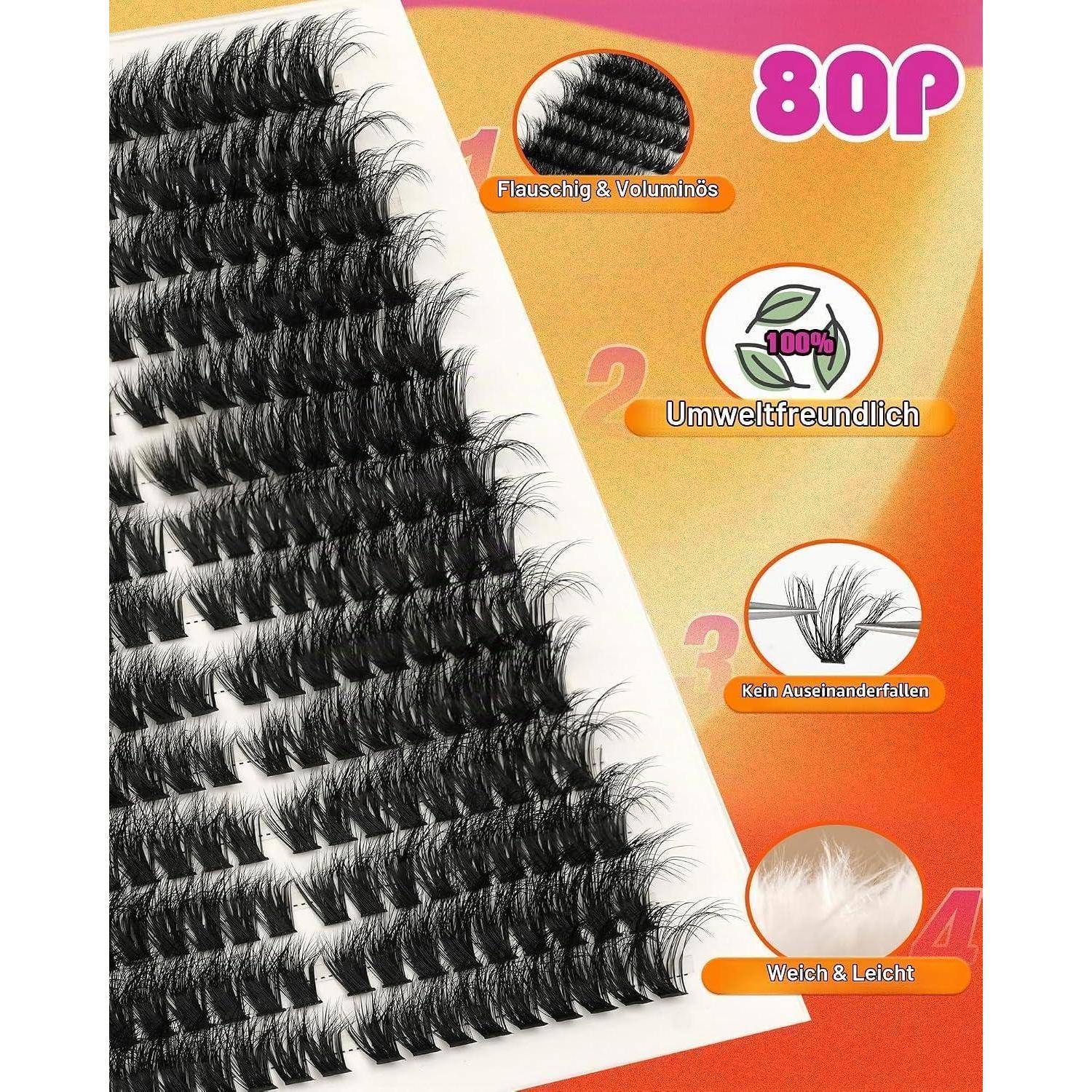 Packung mit 80 schwarzen künstlichen Wimpern auf einem weißen Tablett präsentiert, mit Symbolen, die flauschig und voluminös, umweltfreundlich, nicht ausfallend, weich und leicht hervorheben.