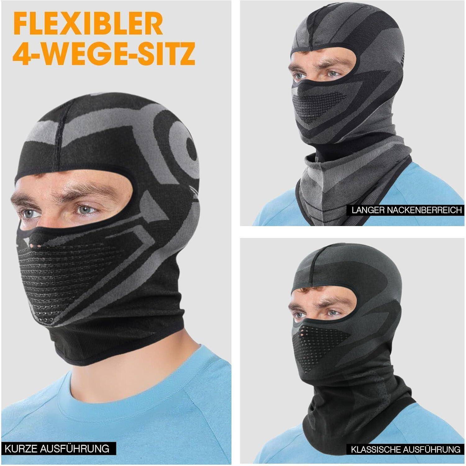 Produktbild, das eine schwarze flexible 4-fach-Sturmhaube/Gesichtsmaske auf einem Modell zeigt, mit drei Passformvarianten mit den Bezeichnungen „kurz", „Langkragenbereic"" und „klassisch"".