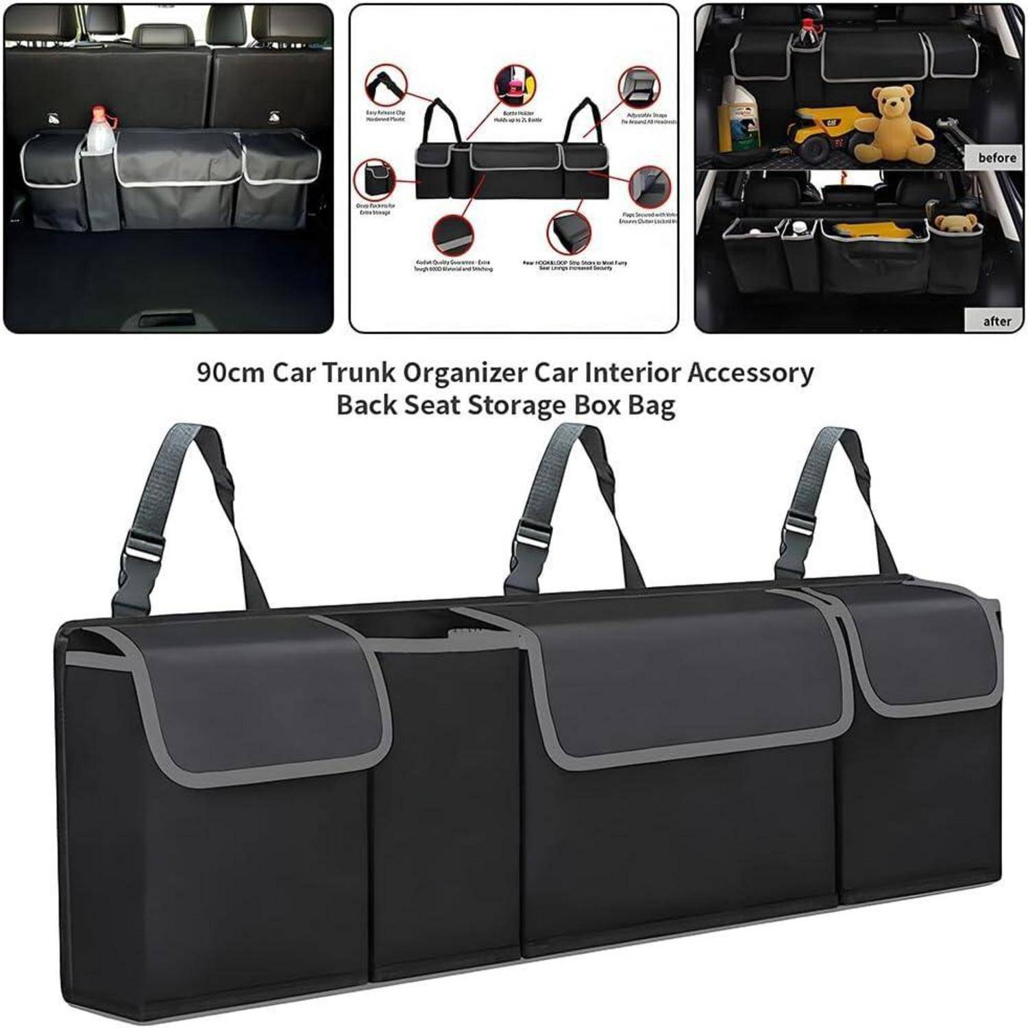 Schwarze 90 cm Kofferraum-Organizer-Tasche mit drei Fächern und Aufhängestrapsen, gezeigt im Einsatz in einem Autokofferraum mit Vorher- und Nachher-Lagerungsbeispielen.