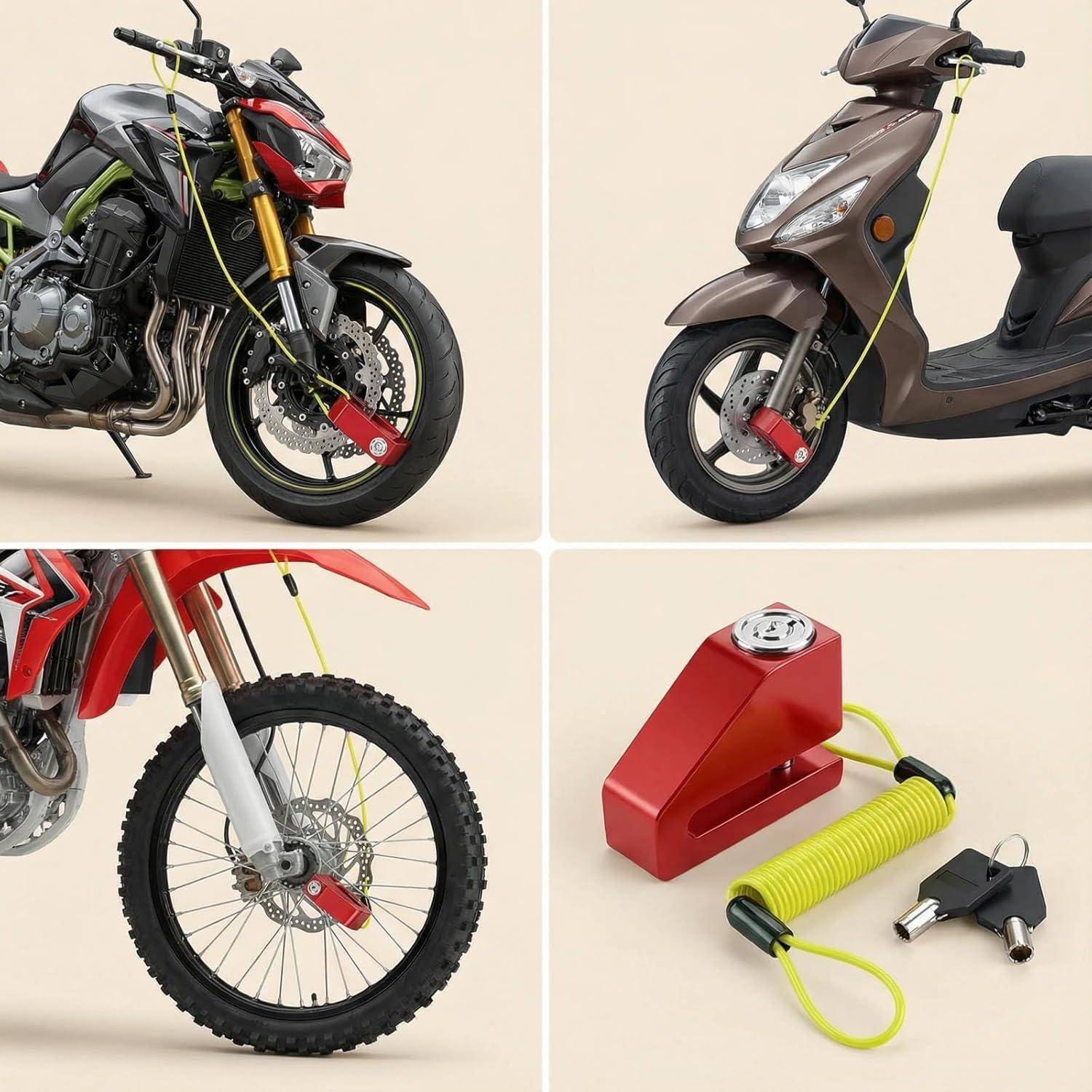 Collage mit roten Radschlössern, die ein Motorrad, einen Motorroller und ein Dirt-Bike sichern, plus das Schlosgerät mit Kabel, Feder und Schlüsseln.