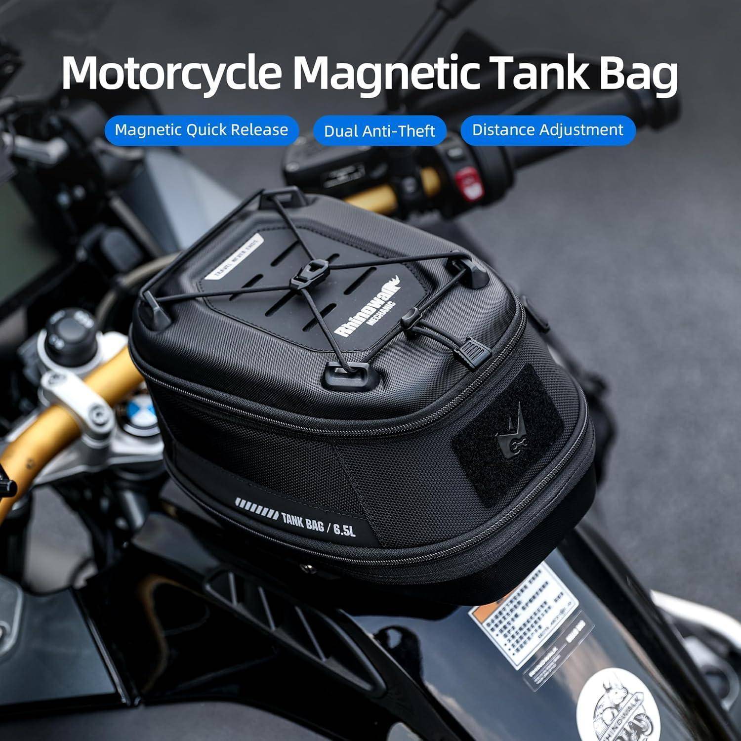 Magnetischer Motorrad-Tankrucksack, auf einem Motorrad montiert, mit hervorgehobener Schnellfreigabe, Diebstahlschutz und verstellbaren Riemen.
