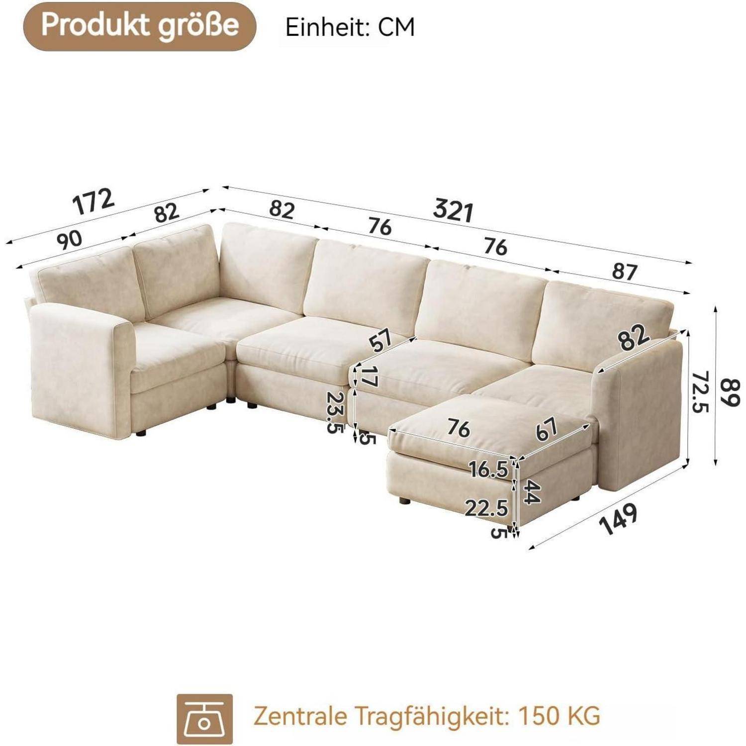 Beige L-förmiges Ecksofa-Abmessungsdiagramm in cm mit Chaiselongue, Ottomane und Text 