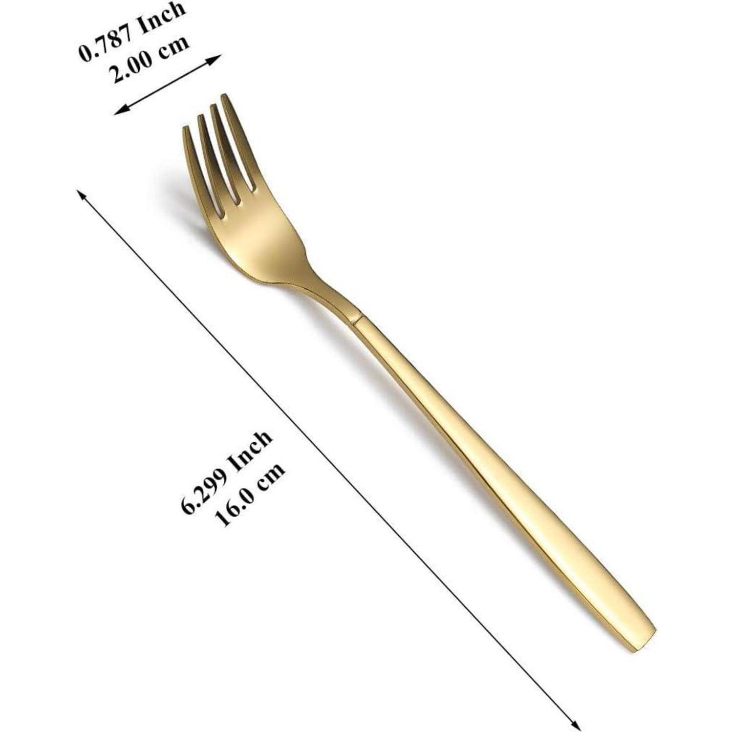 Golddessertgabel, diagonal auf weißem Hintergrund angeordnet, gekennzeichnet mit 6,299 Zoll Länge und 0,787 Zoll Breite an den Zinken.