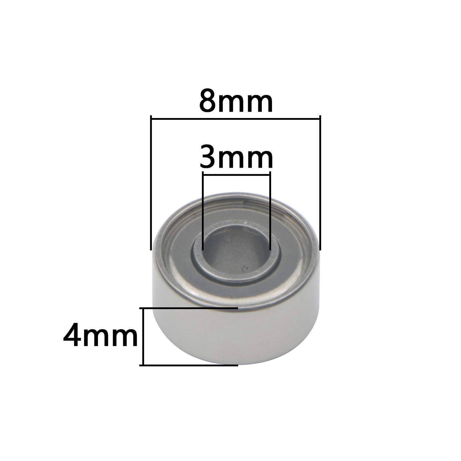 Nahaufnahme einer runden Metallkomponente mit beschrifteten Abmessungen 8 mm Außendurchmesser, 3 mm innere Öffnung und 4 mm Höhe.