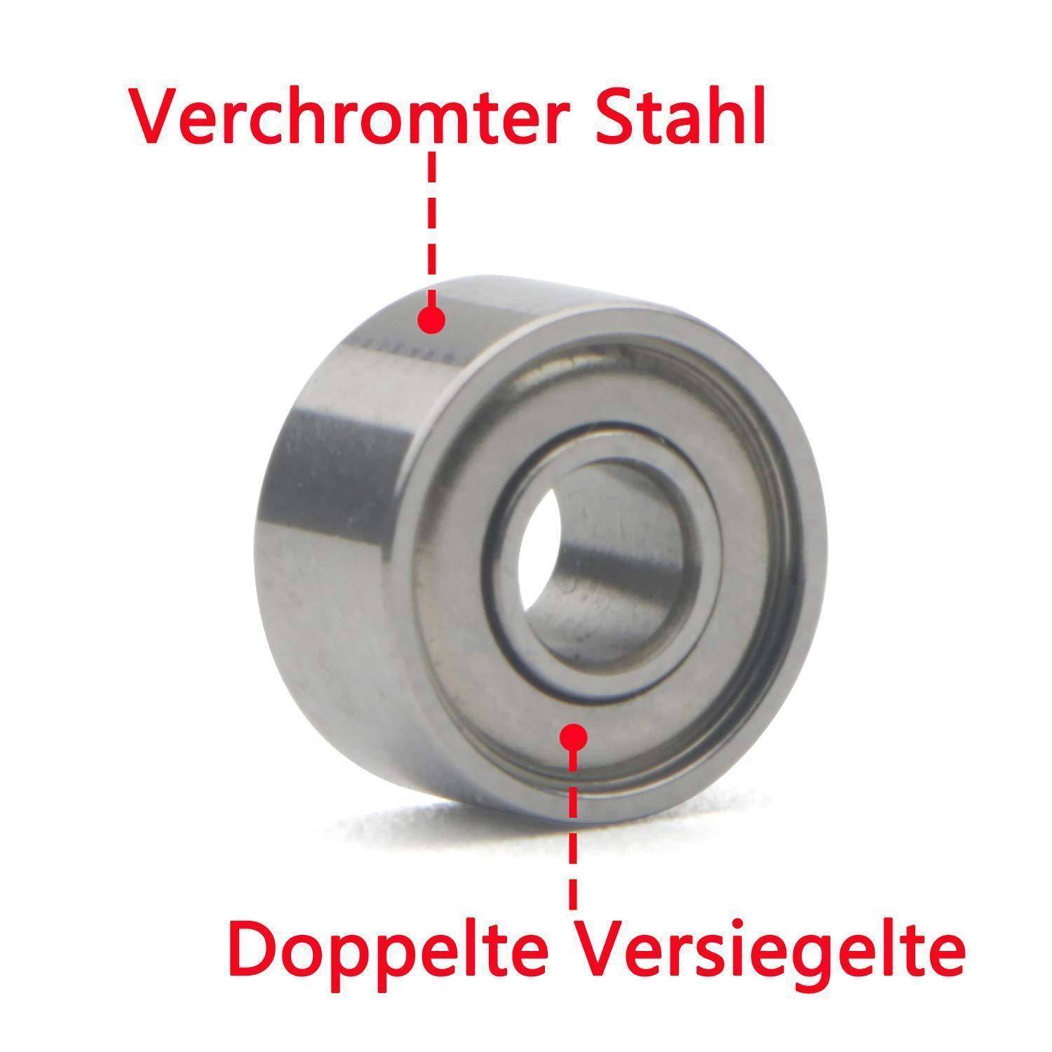 Foto einer Metallkugellager mit deutscher Beschriftung, mit dem Text „Verchromter Stahl