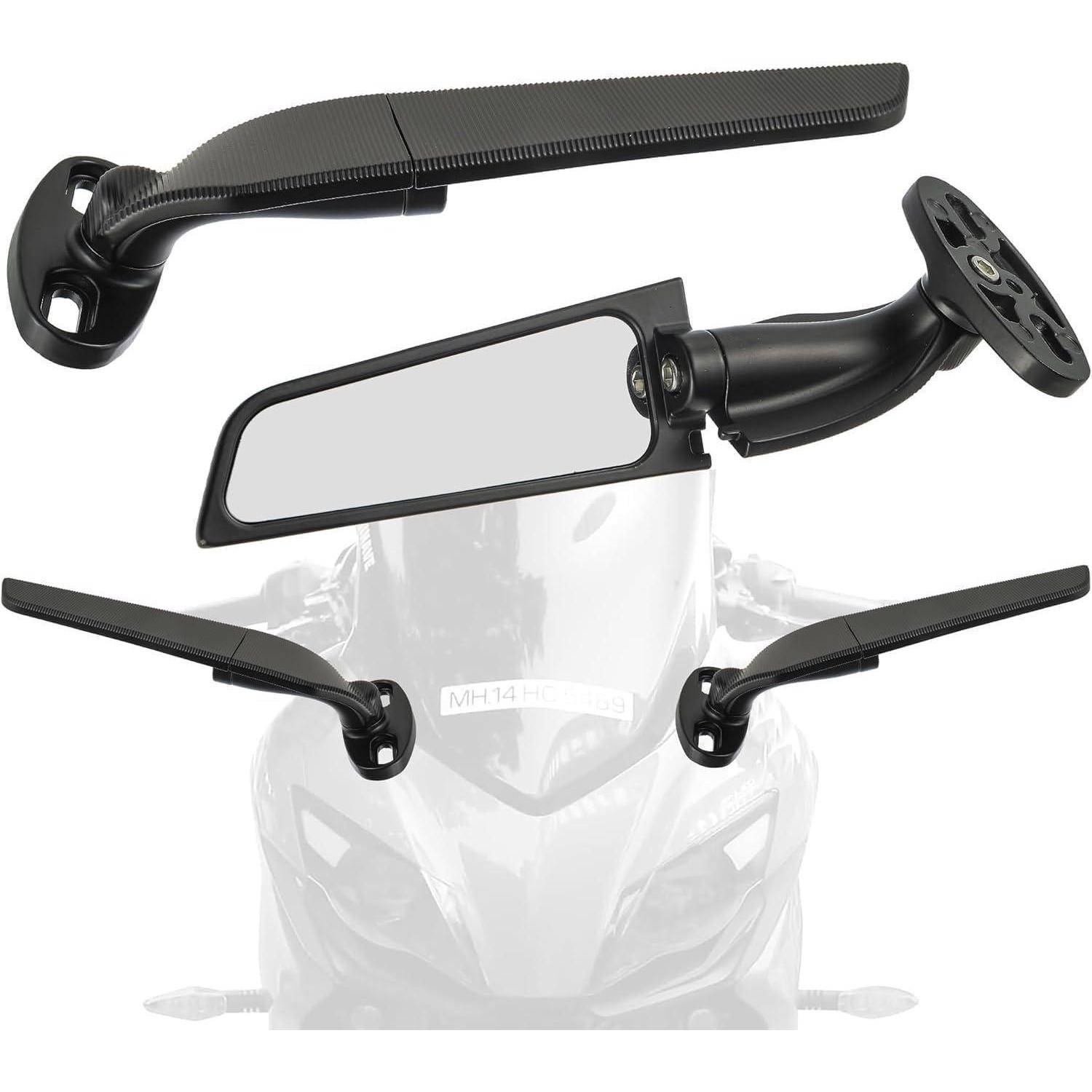 Motorrad-Rückspiegel in mehreren Winkelansichten dargestellt, einschließlich eines seitlich montierten Spiegels, der an einer Motorradverkleidung befestigt ist.