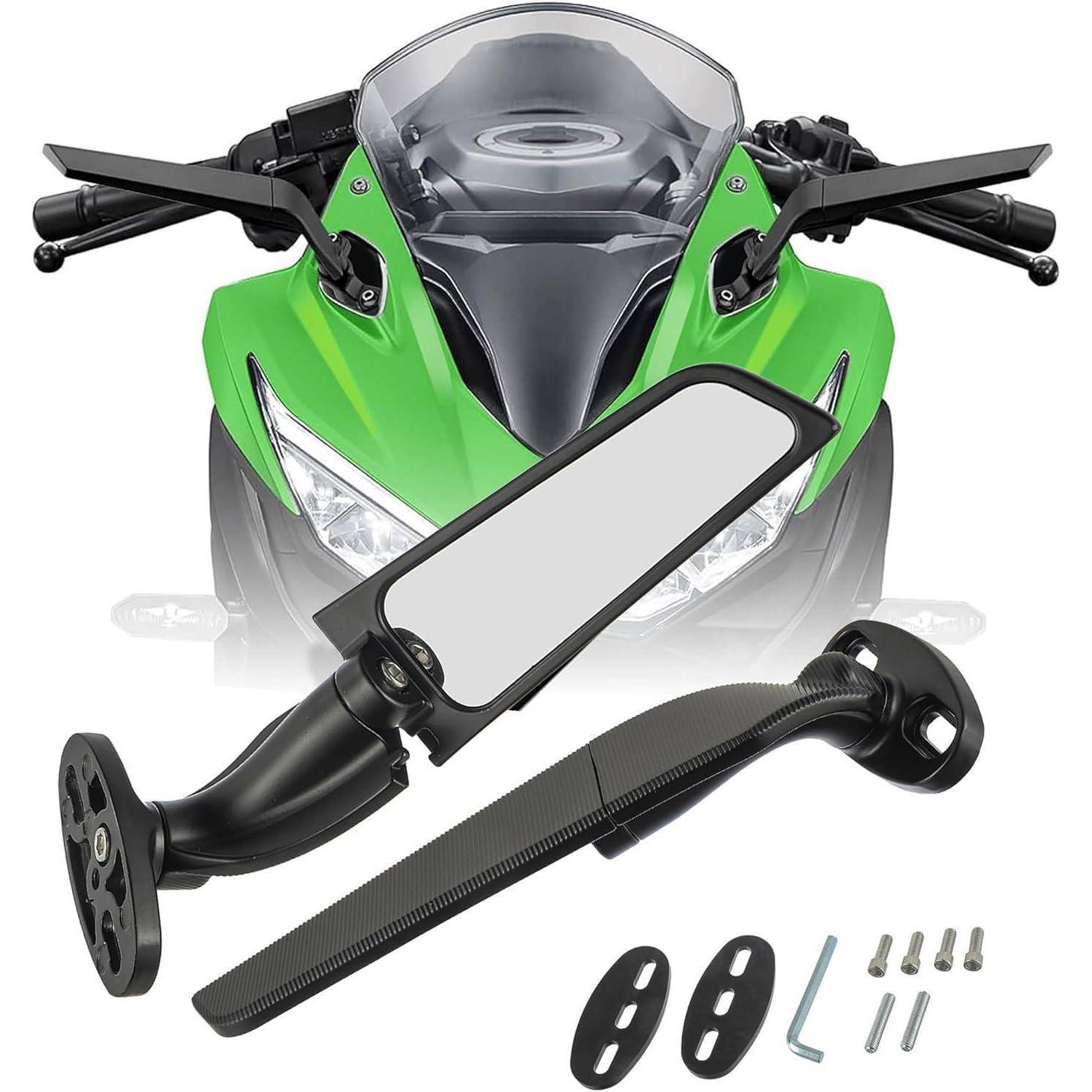 Motorrad-Spiegelset mit einem grünen Sportmotorrad, das hinter zwei schwarzen Lenkersspiegeln und Montagezubehör gezeigt wird, was auf Ersatz-Seitenspiegel hindeutet.