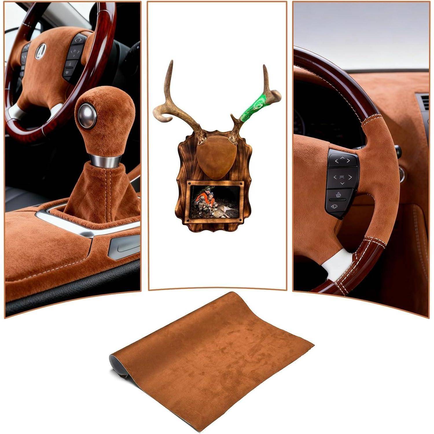 Collage mit einem braunen Wildleder-Interieur-Wrapping-Set für Autos: Lenkrad, Schaltknüppel und Armaturenbrettverkleidungen, plus eine Hirschkopf-Wandhalterung.