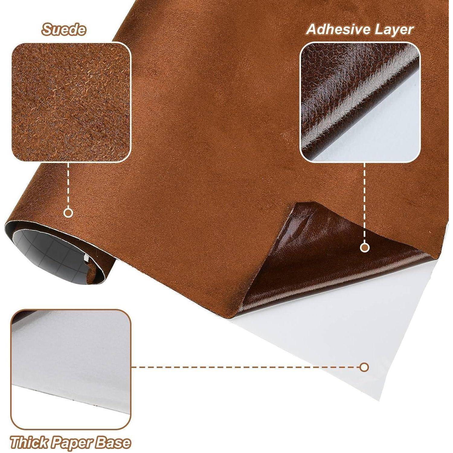 Selbstklebendes Wildleder-ähnliches Klebeblatt mit Wildlederfläche, glänzender Klebeschicht und dicker Papierrückseite.