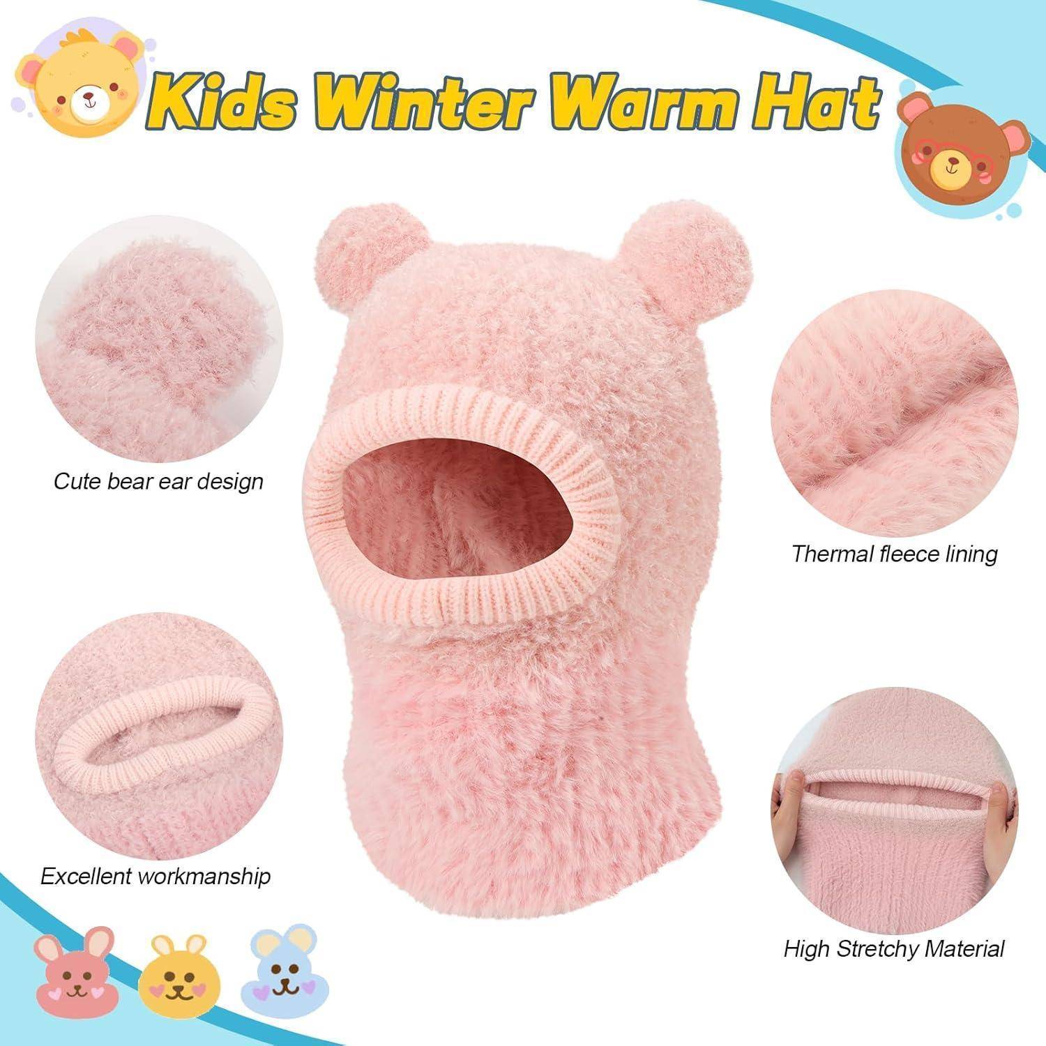 Rosa Wintermütze für Kinder mit Bärenohren, warme Thermofleece-Innenfütterung, dehnbares Strickbündchen und Kinnbedeckung; gezeigt mit Nahaufnahmen des Materials und der Verarbeitung.