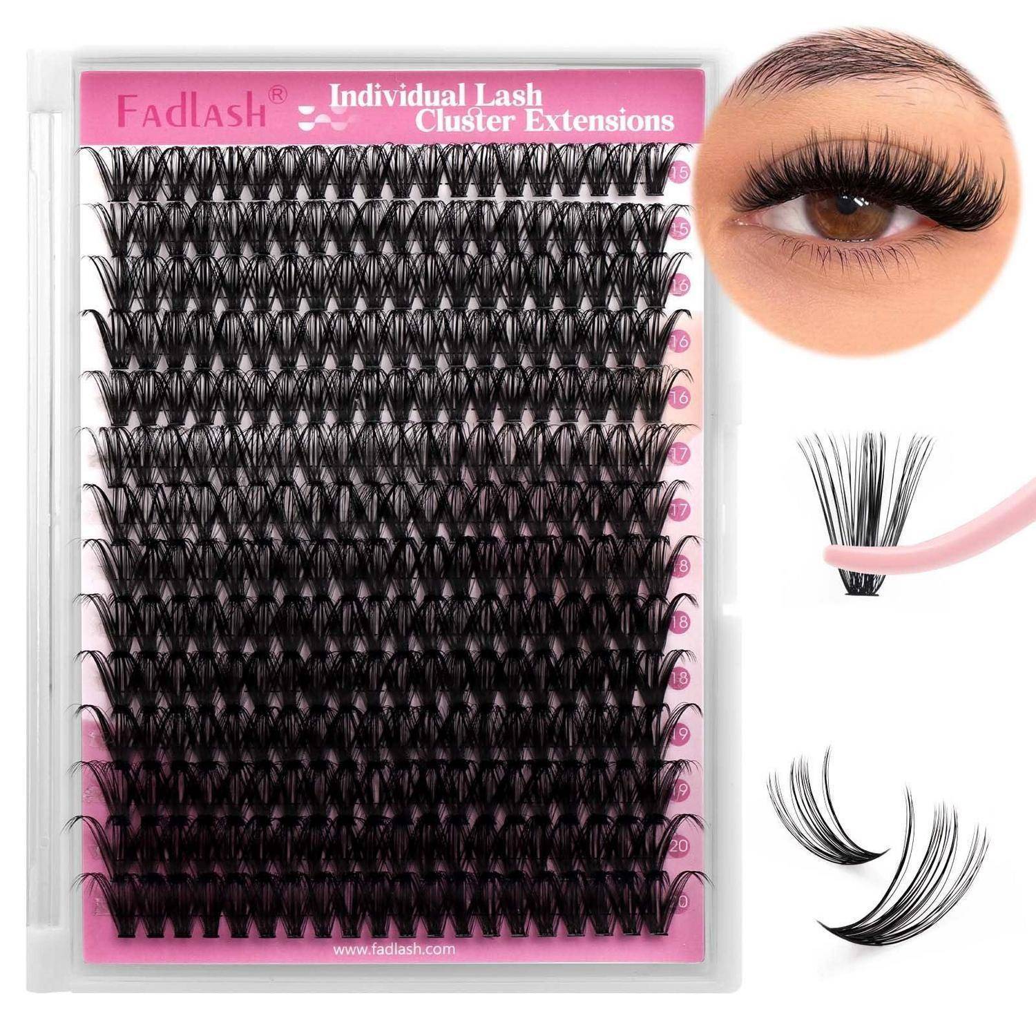 Paket mit Fadlash-Wimpernverlängerungen im Einzelnen mit einer Nahaufnahme des Auges, die Wimpernbündel zeigt, die mit einer Pinzette angebracht werden.