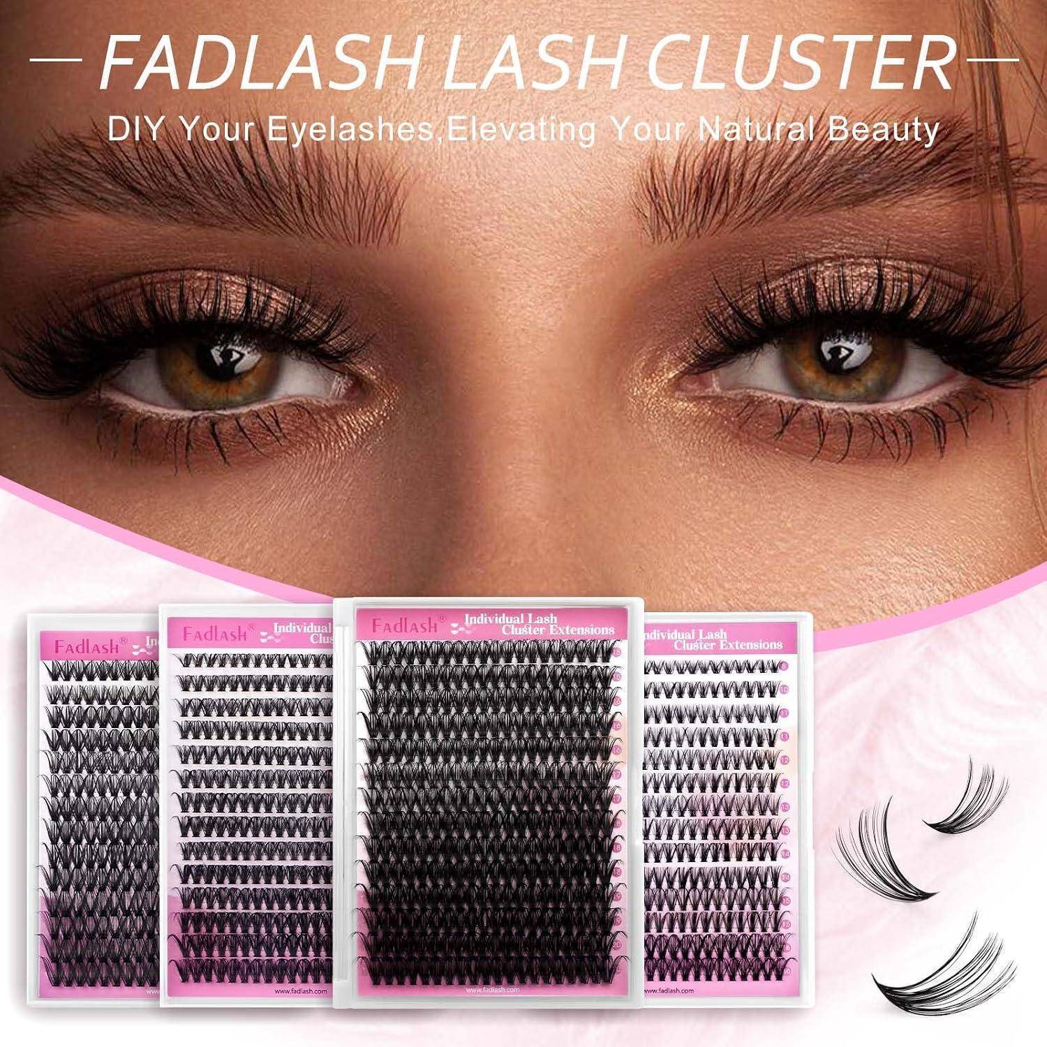 Werbebild von Augen mit künstlichen Wimpern, das 'FADLASH LASH CLUSTER' DIY-Wimpernverlängerungs-Tabletts und Wimpern-Grafiken zeigt.