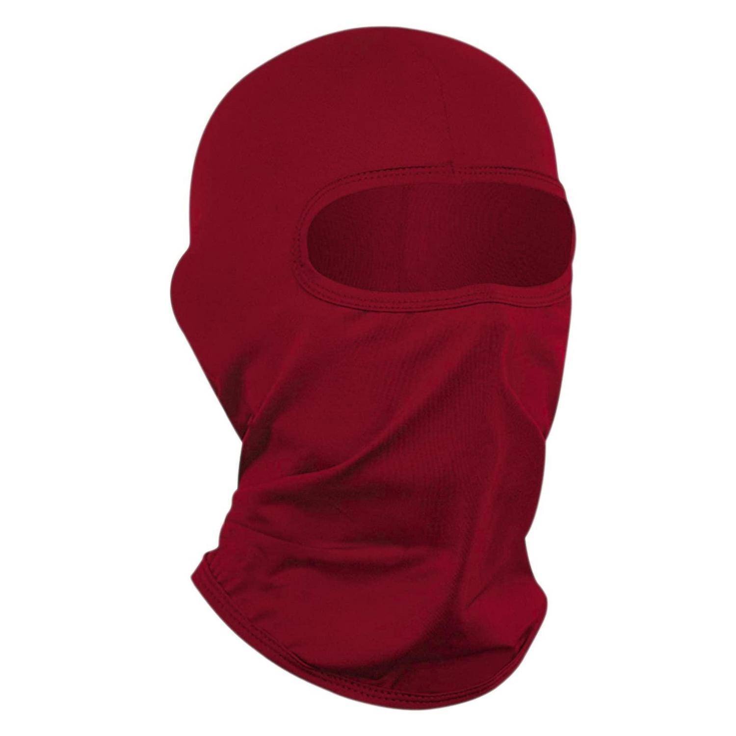 Rote Sturmmaske mit einzelner ovaler Augenöffnung und bedecktem Unterkiefer auf weißem Hintergrund