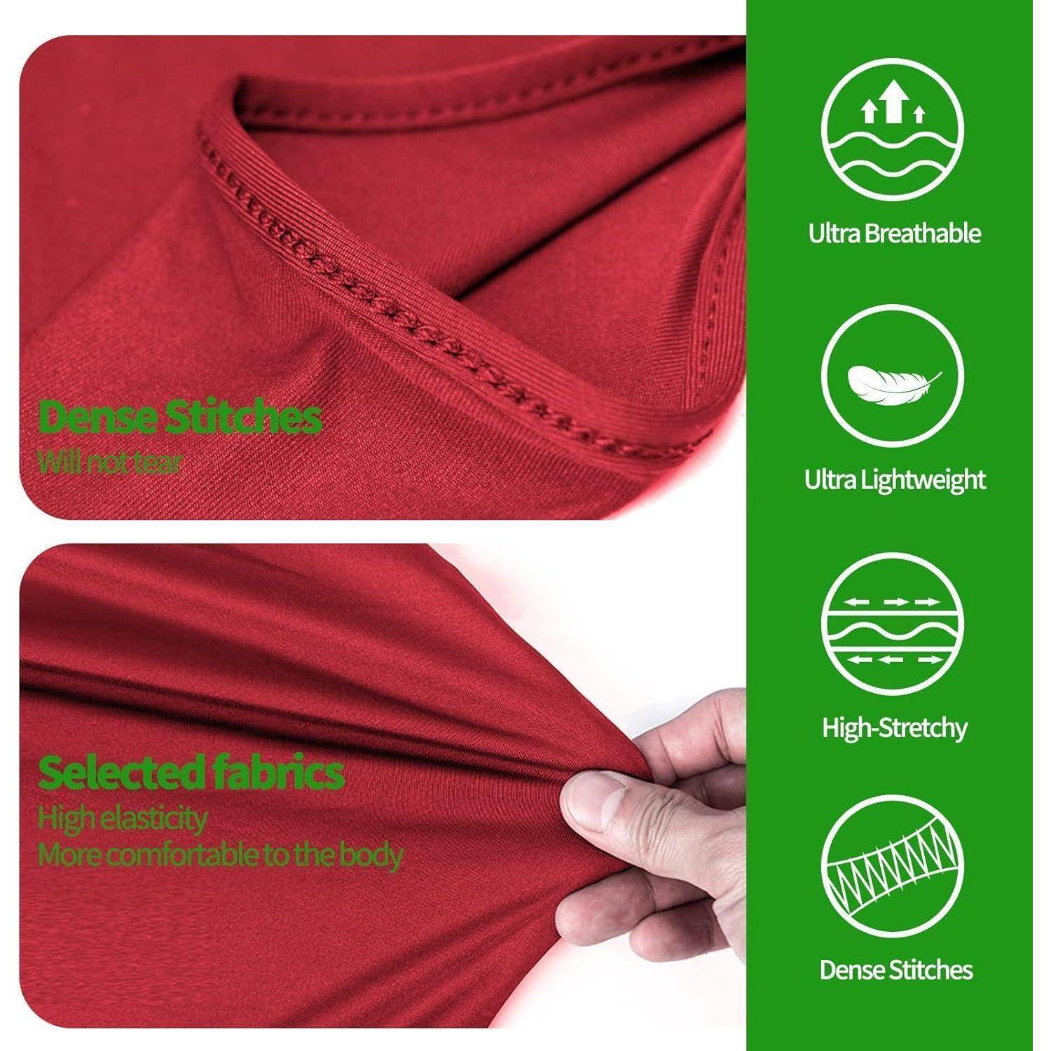 Rotes Stoffdetail in Nahaufnahme mit dichten Stichen und einer Hand, die das Material dehnt, mit Symbolen, die ultra atmungsaktiv, ultra leicht, hochelastisch und dichte Stiche hervorheben.