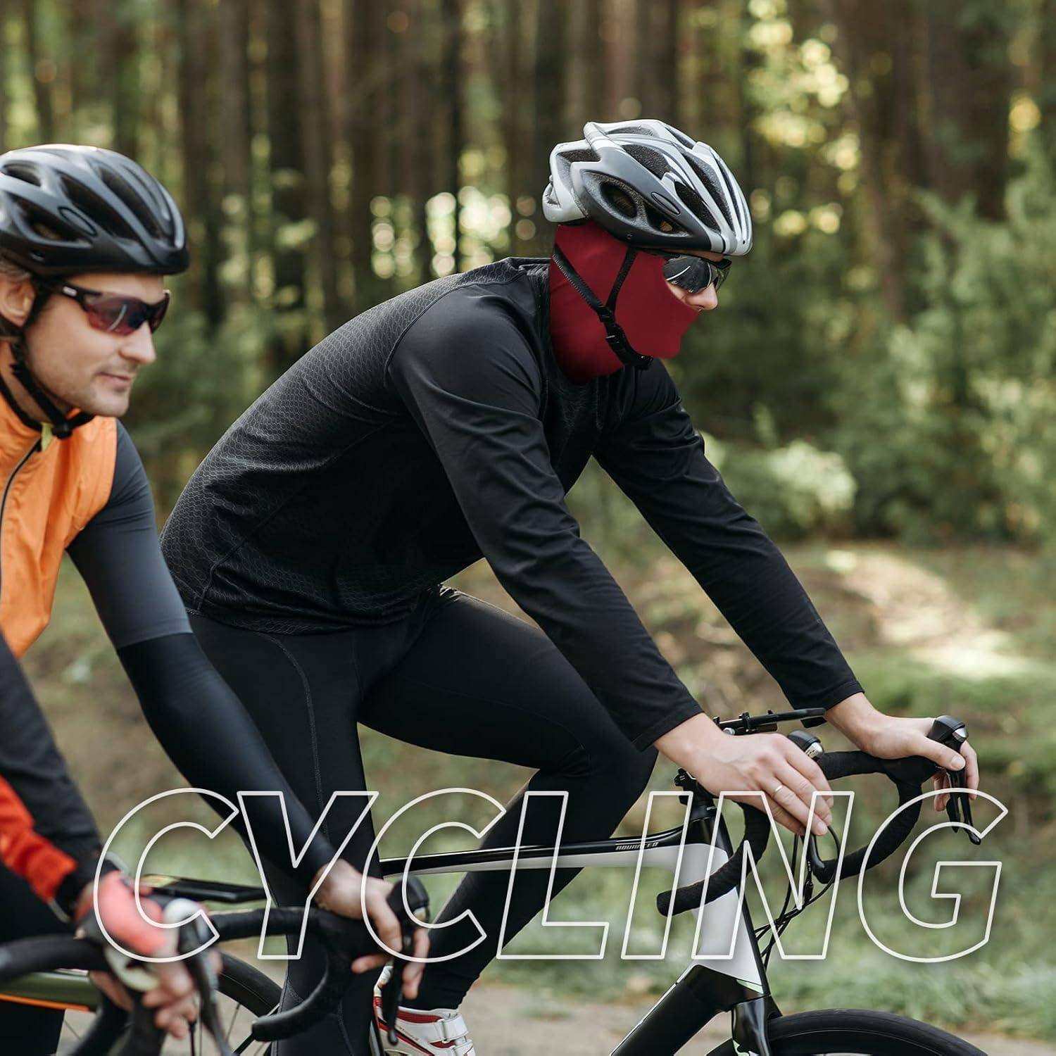 Zwei Radfahrer mit Helmen und Sonnenbrillen fahren auf Rennrädern durch einen Wald, mit großem Overlay-Text „CYCLING