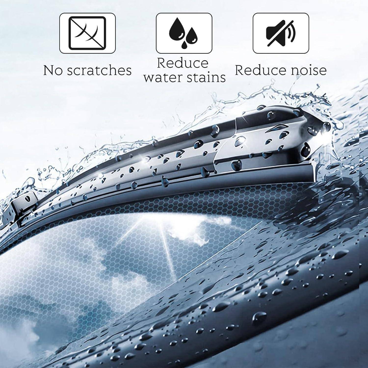 Nahaufnahme einer Autowindschutzscheibe mit Wischerblättern und Wassertropfen, die 'Keine Kratzer', 'Wasserflecken reduzieren' und 'Geräusche reduzieren' hervorhebt.