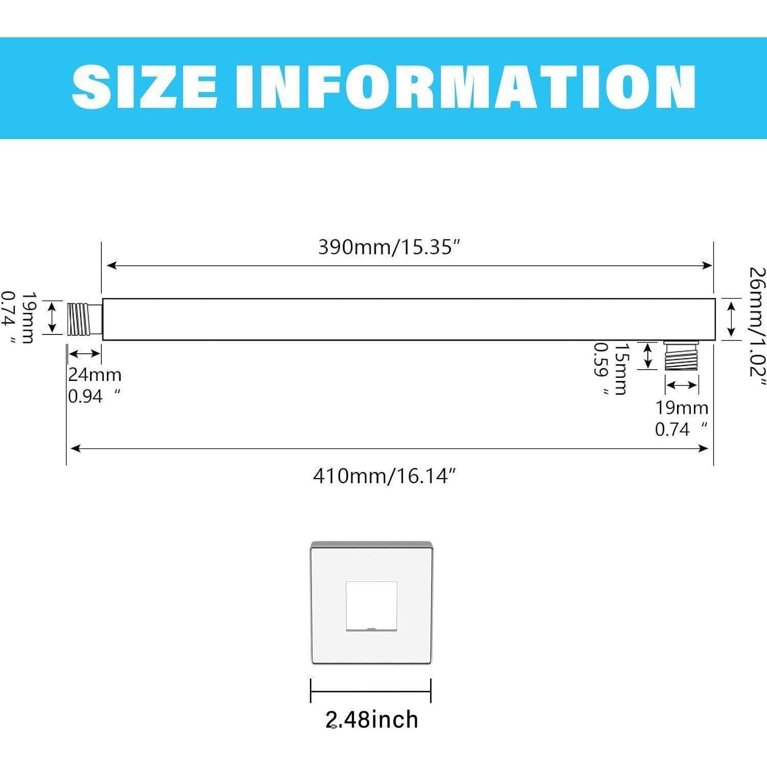 Größeninformationsdiagramm für eine rechteckige Montageplatte: 410 mm breit, 26 mm hoch, mit 390 mm innerem Abstand und 2,48-Zoll-quadratischer Mittelöffnung.