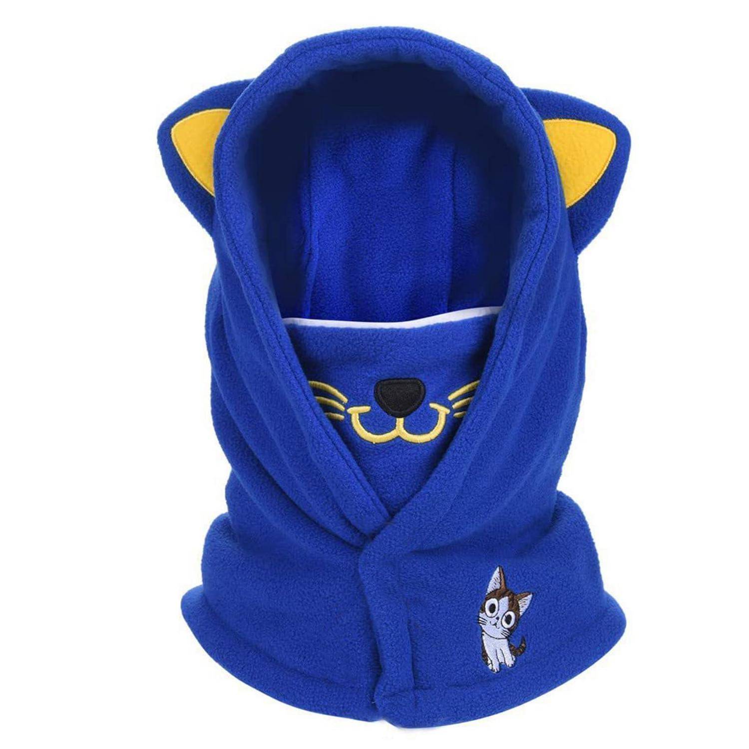 Blauer Kapuzen-Haustier-Schal mit Katzenohren, besticktem Katzengürtel und kleinem Cartoon-Katzen-Patch