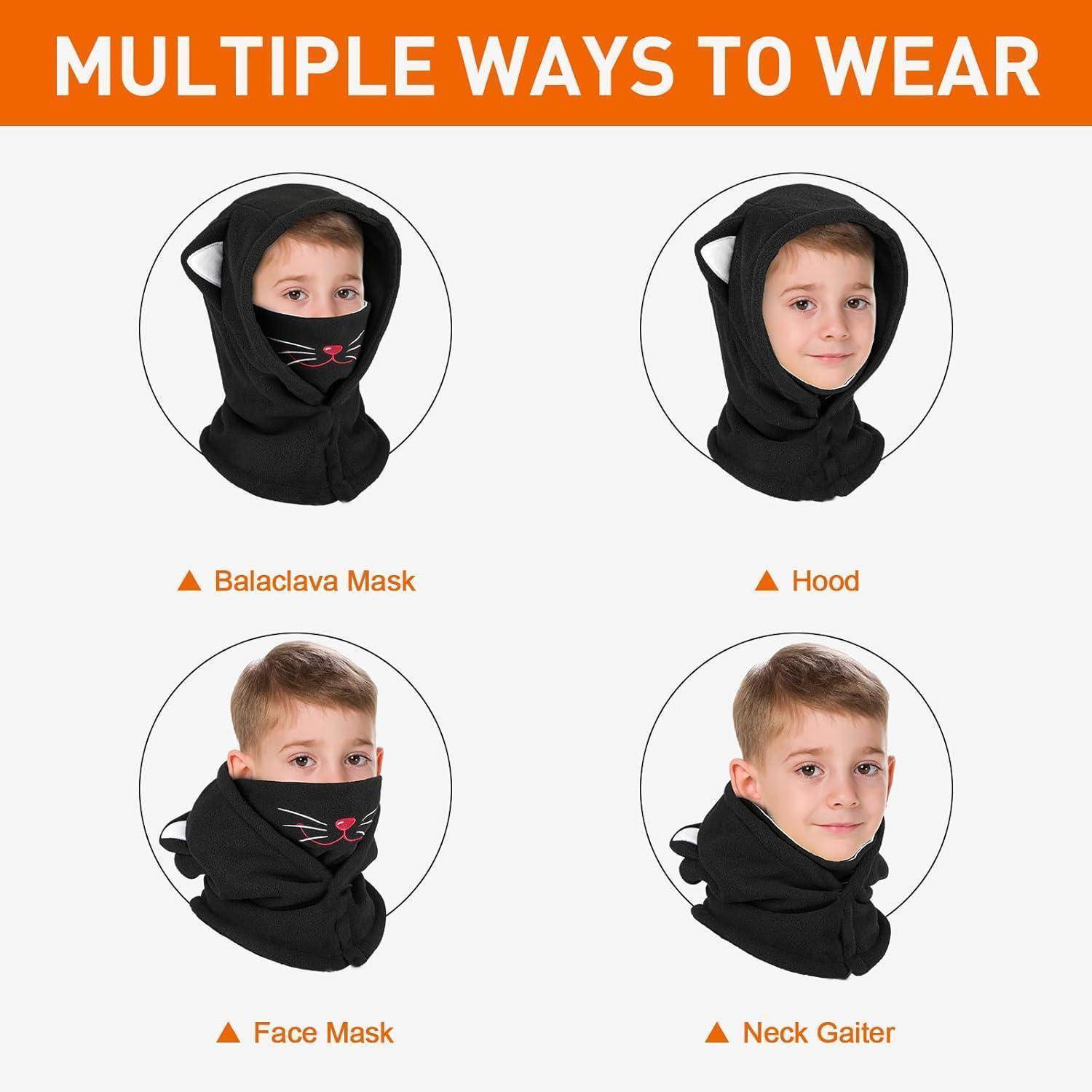 Infografik, die eine schwarze Gesichtsbedeckung für Kinder auf vier Arten getragen zeigt: Sturmhaube, Kapuze, Gesichtsmaske und Halstuch.