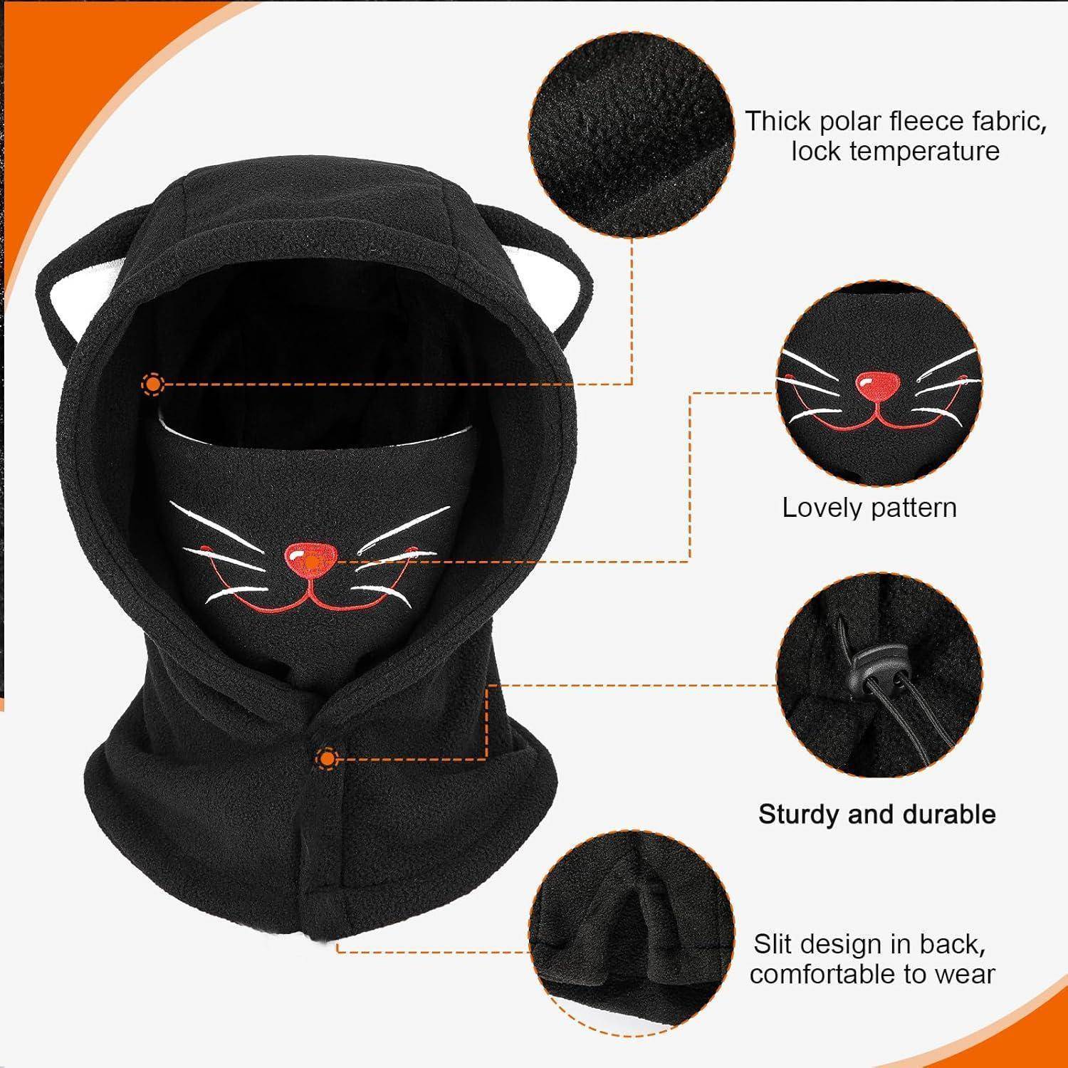 Schwarze Kapuzen-Gesichtsmaske mit Katzenschnurrbart-Design, zeigt Fleece-Stoff, strapazierfähige Nähte und hinteren Schlitz für Komfort.